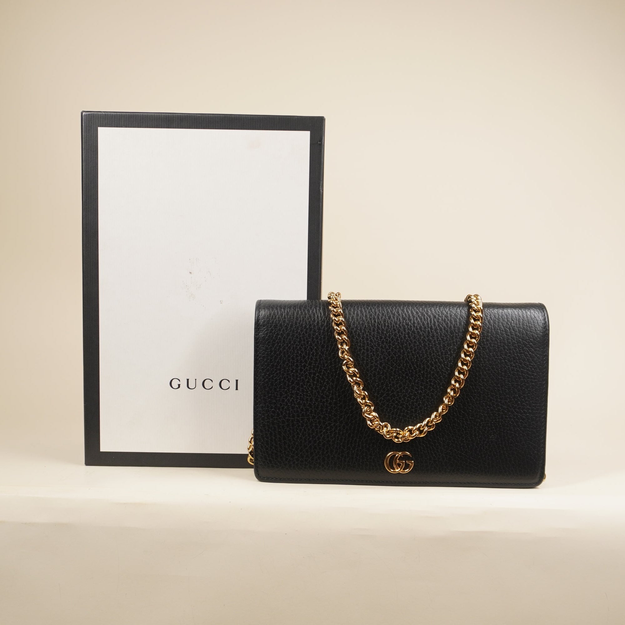 PRE-OWNED Calfskin Mini GG Marmont Chain Wallet Black