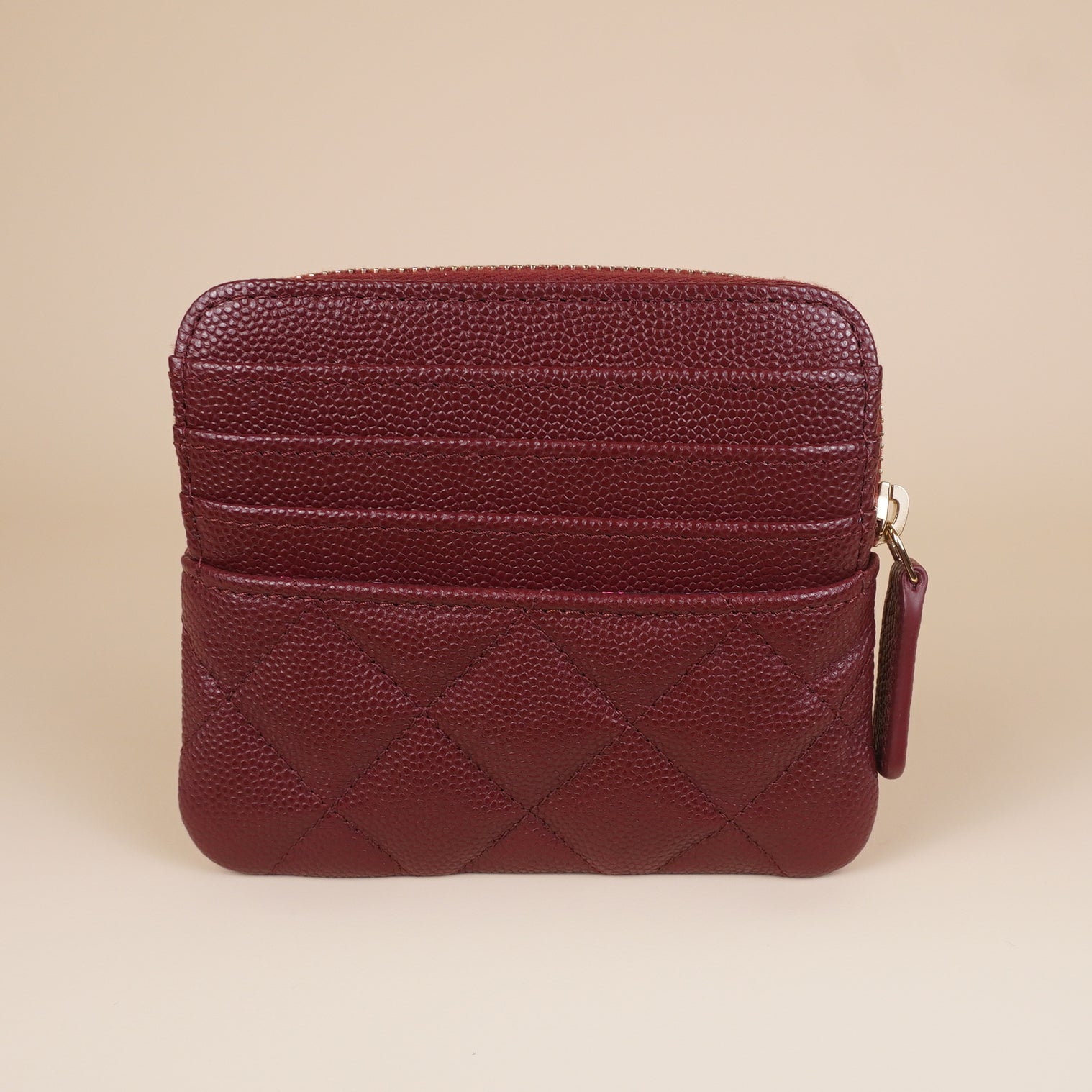 PRE-OWNED CC Caviar Quilted Crystal Zip Card Holder Wallet Burgundy