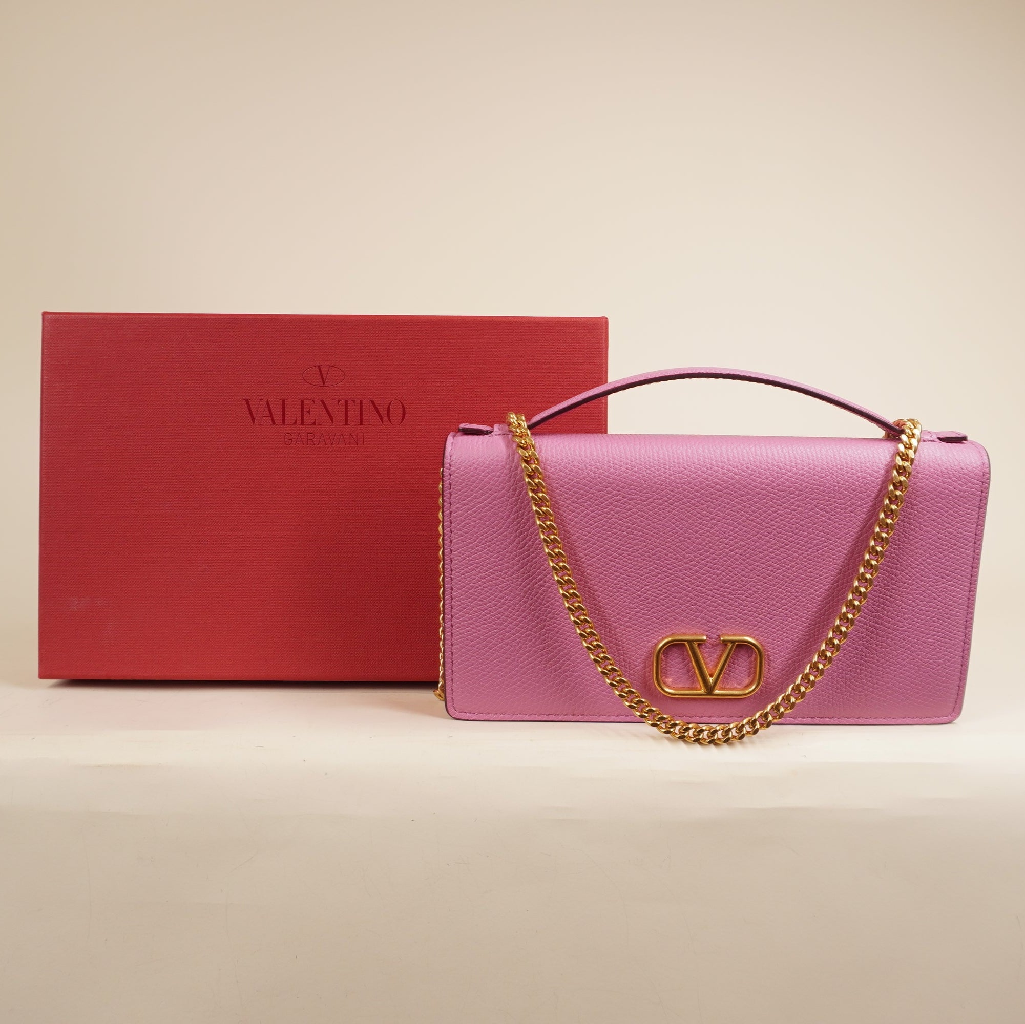 PRE-OWNED Hot Pink Grainy Calfskin VLogo Top Handle Wallet With Chain