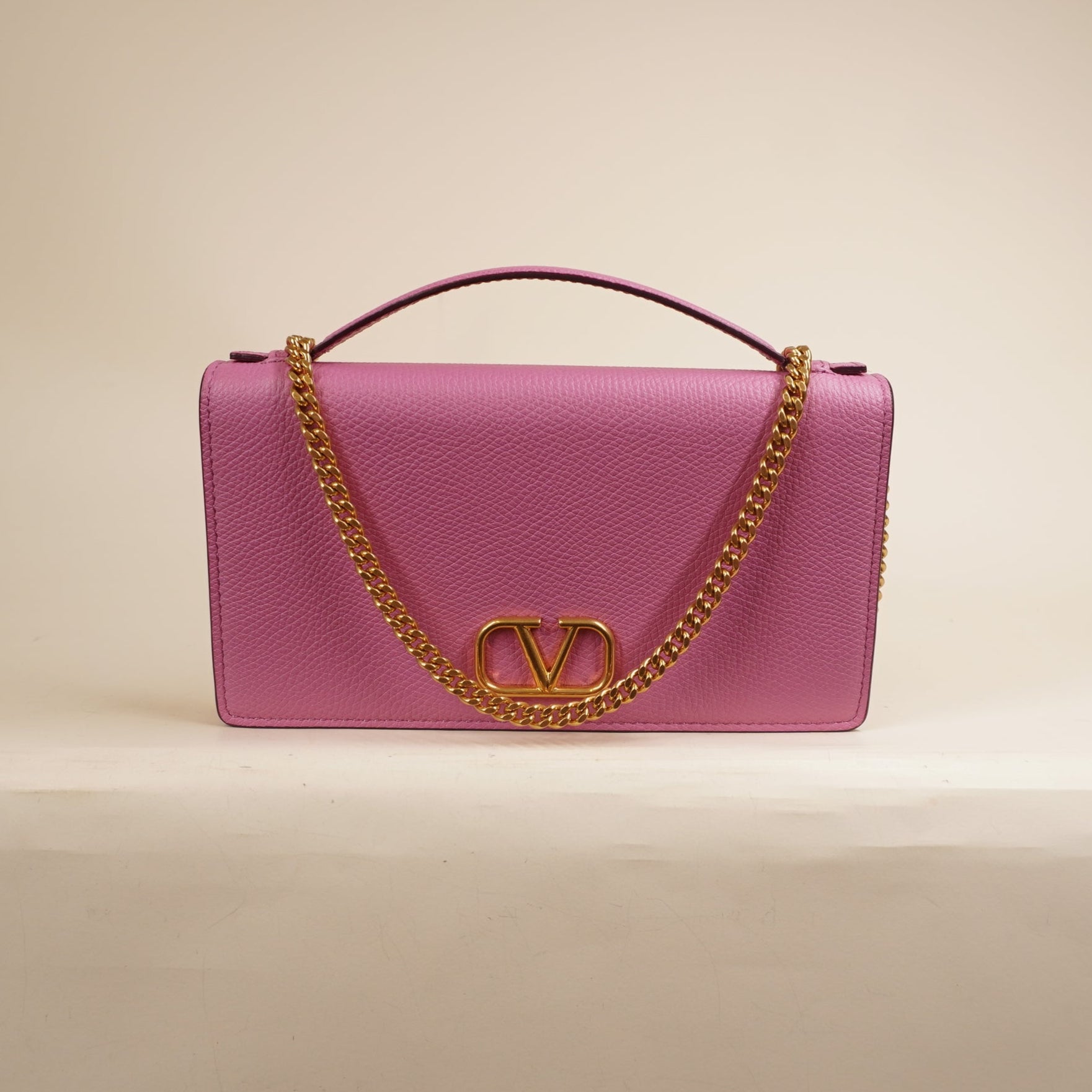 PRE-OWNED Hot Pink Grainy Calfskin VLogo Top Handle Wallet With Chain