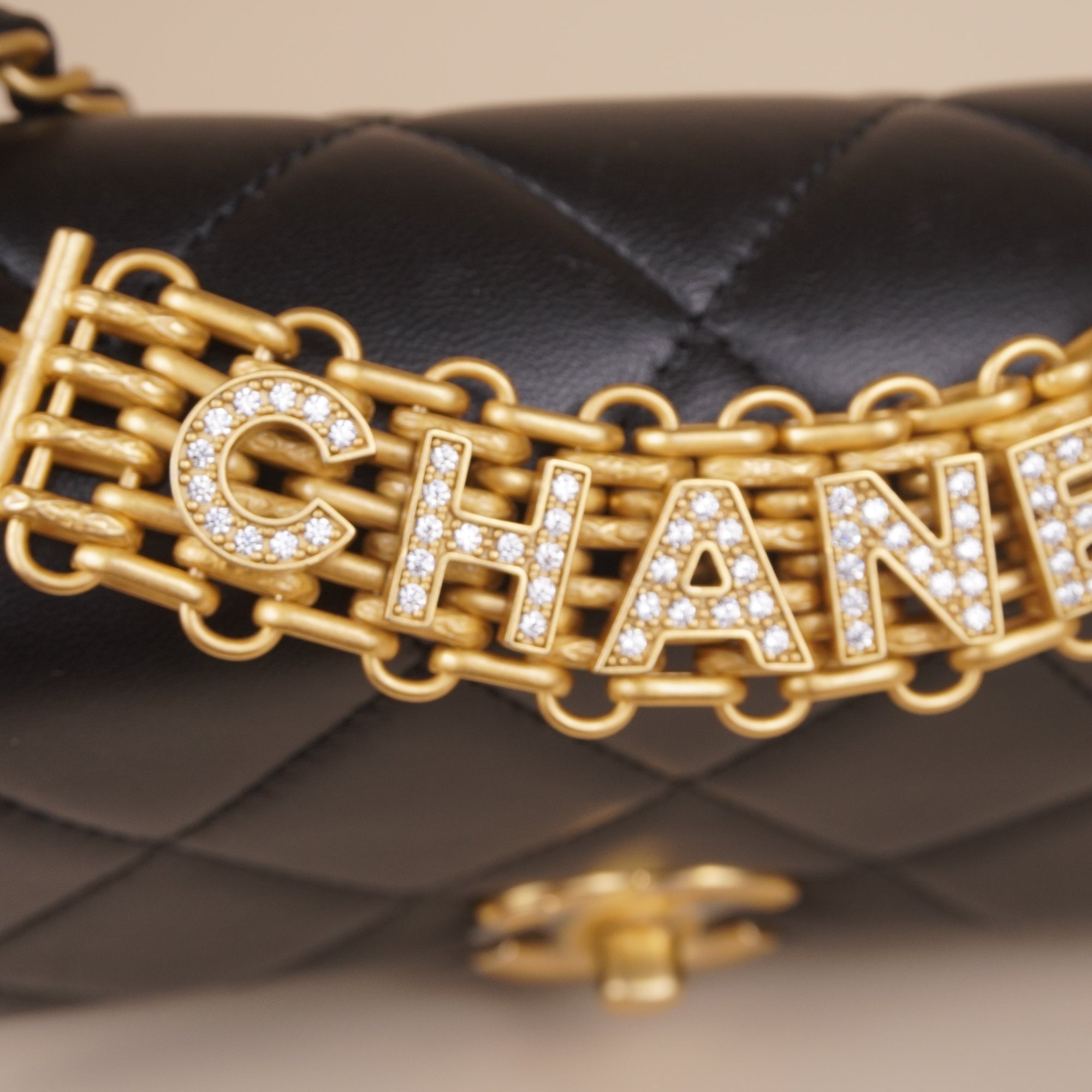 PRE-OWNED CC Lambskin Quilted Mini CC Crystal Logo Chain Flap Black