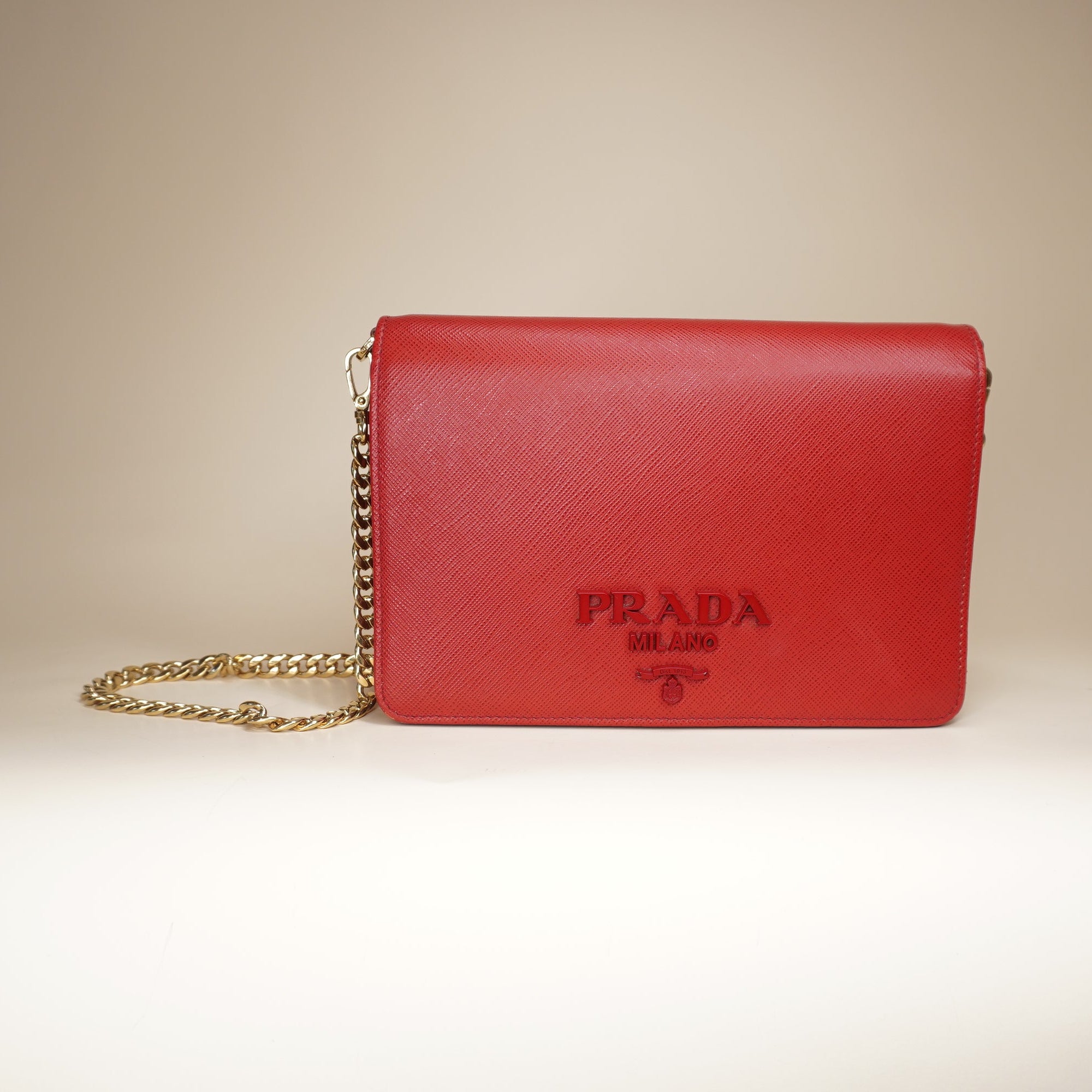 PRE-OWNED Red Saffiano Leather Wallet on a Chain Crossbody Bag