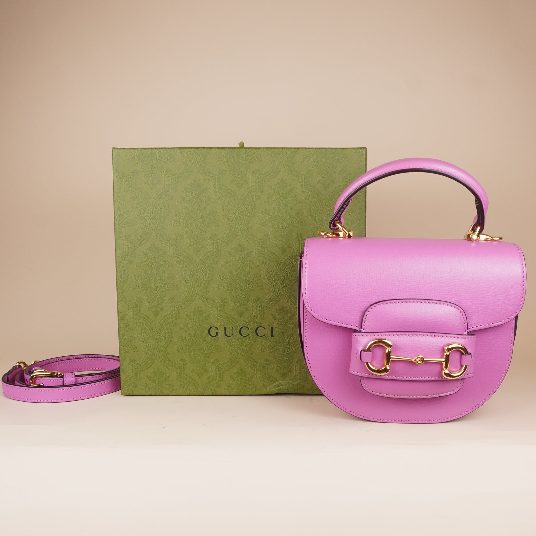 PRE-OWNED GG Azalea Calfskin Mini Top Handle Horsebit 1955 Crossbody Bag Libre Pink
