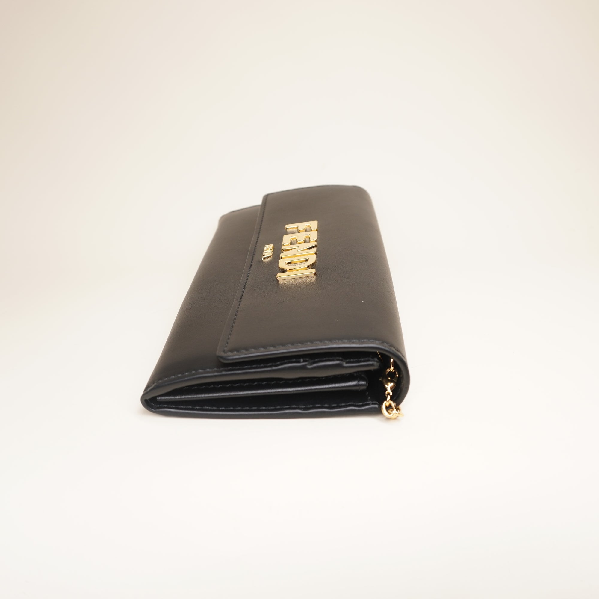 PRE-OWNED Vitello Kyoto Metal Fendi Roma Logo Chain Continental WOC Black