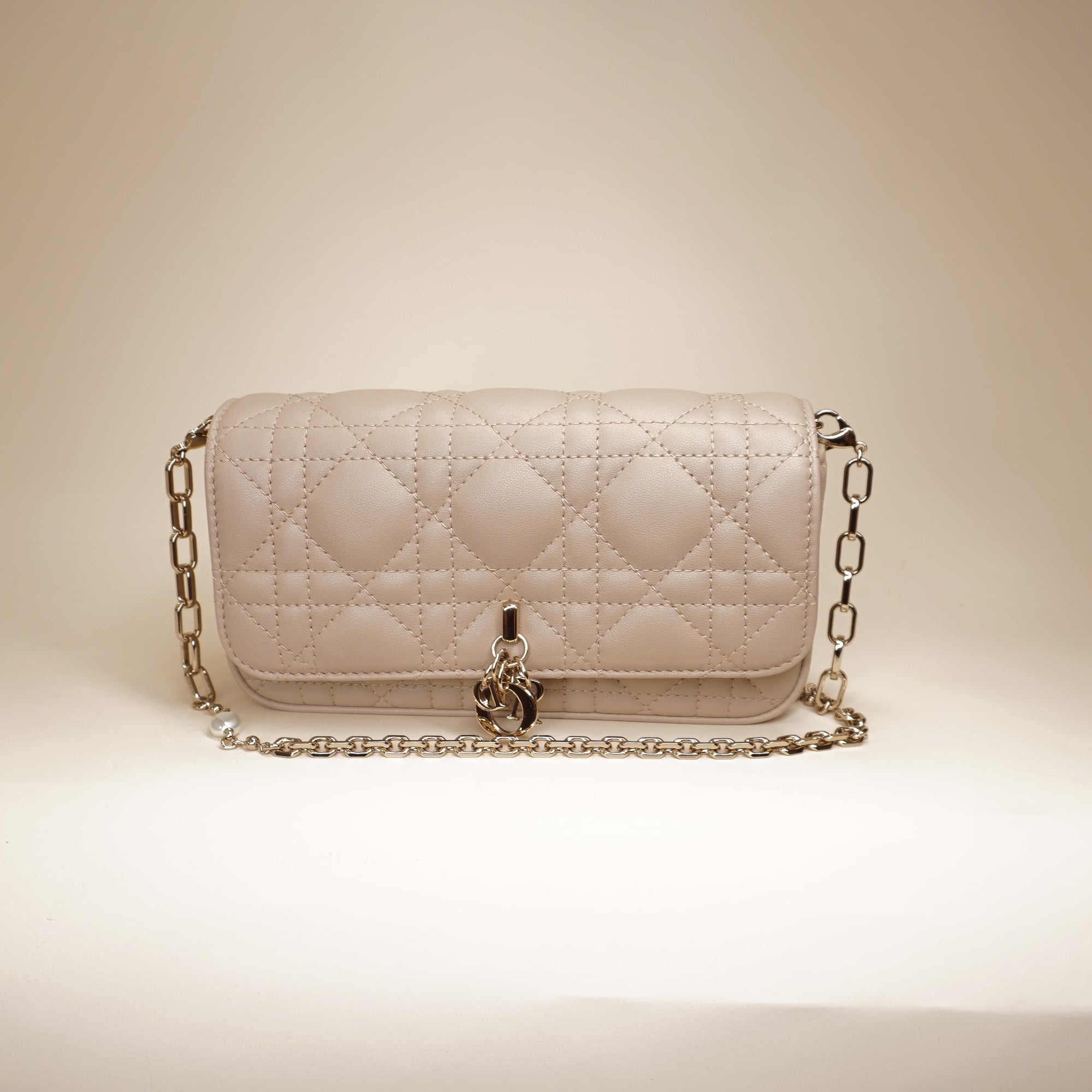 PRE-OWNED Lady Dior Cannage Cream Phone Pouch Shoulder Bag