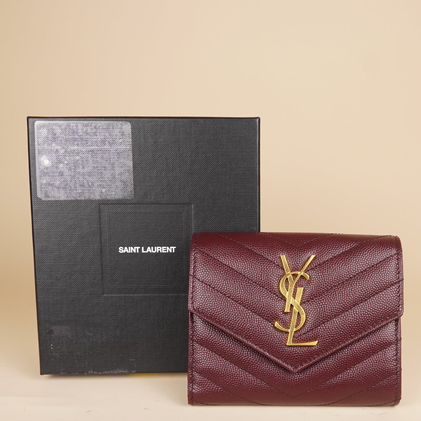 PRE-OWNED YSL Burgundy Matelasse Leather Cassandre Multi-Fold Wallet