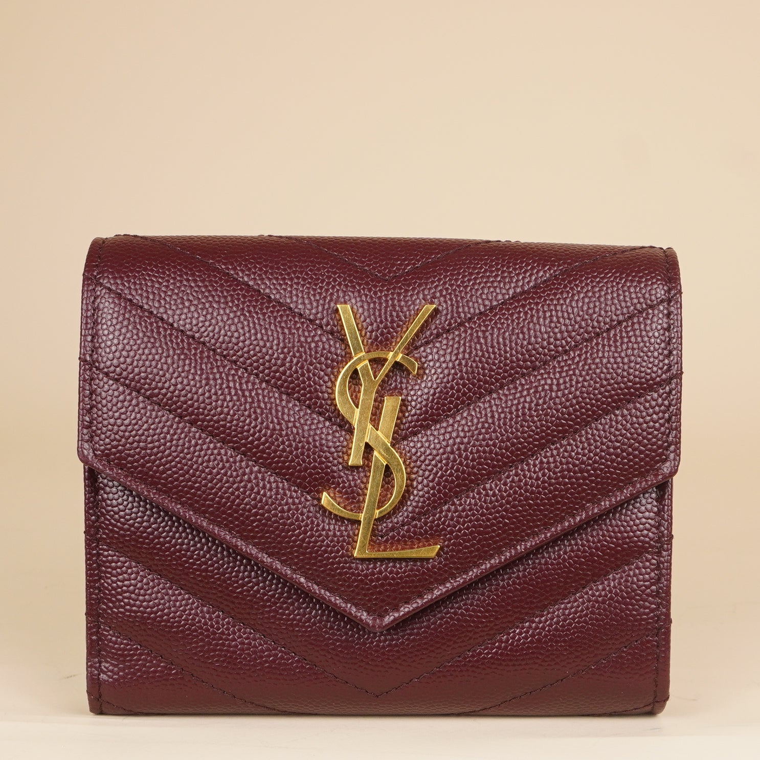 PRE-OWNED YSL Burgundy Matelasse Leather Cassandre Multi-Fold Wallet