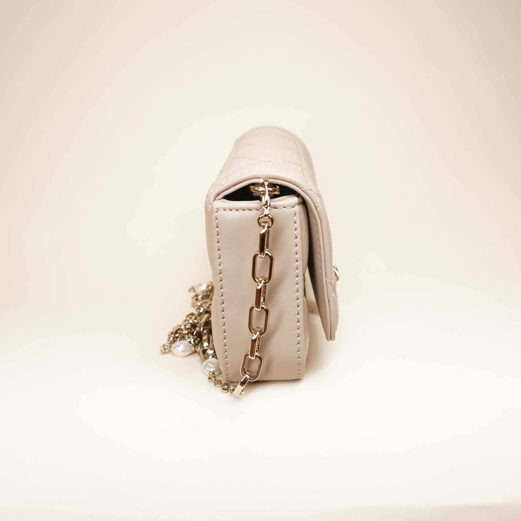 PRE-OWNED Lady Dior Cannage Cream Phone Pouch Shoulder Bag