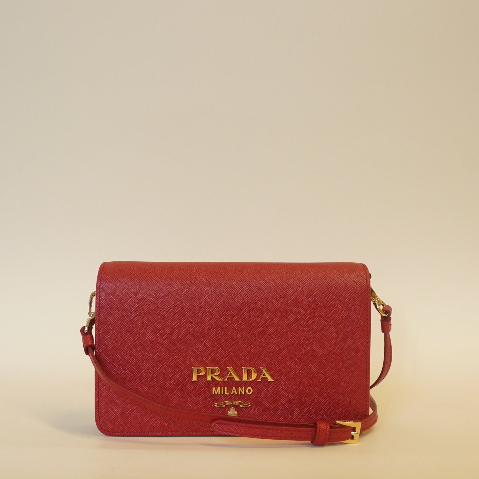 PRE-OWNED Red Saffiano Leather Mini Crossbody Bag