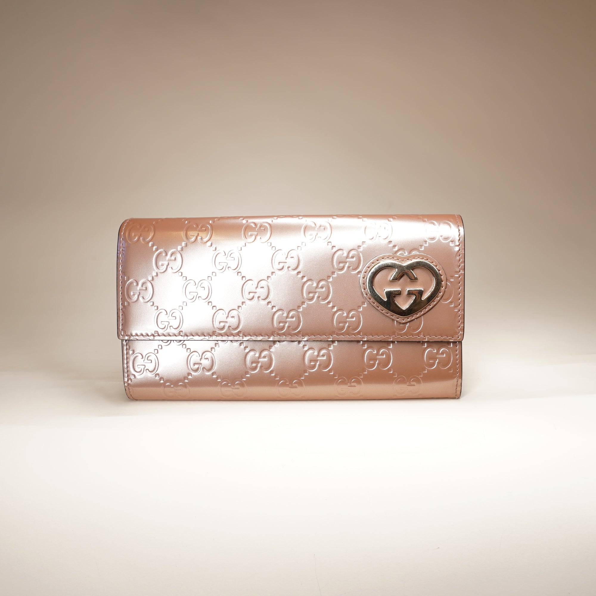 PRE-OWNED Champagne Pink Patent Guccissima Lovely Heart Long Wallet 