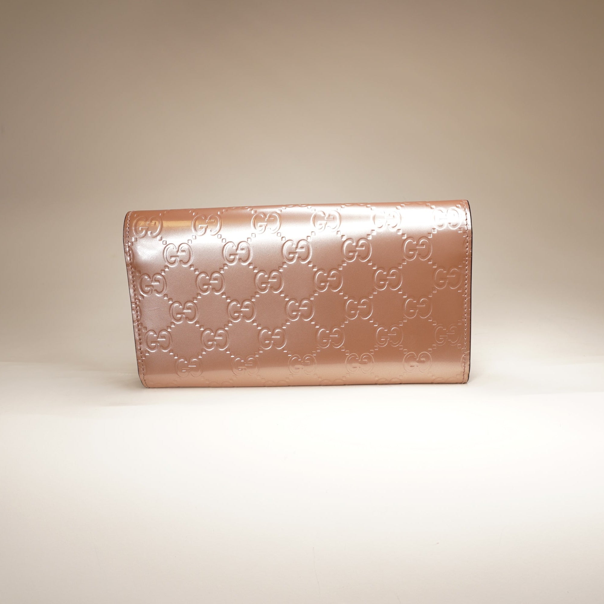 PRE-OWNED Champagne Pink Patent Guccissima Lovely Heart Long Wallet 