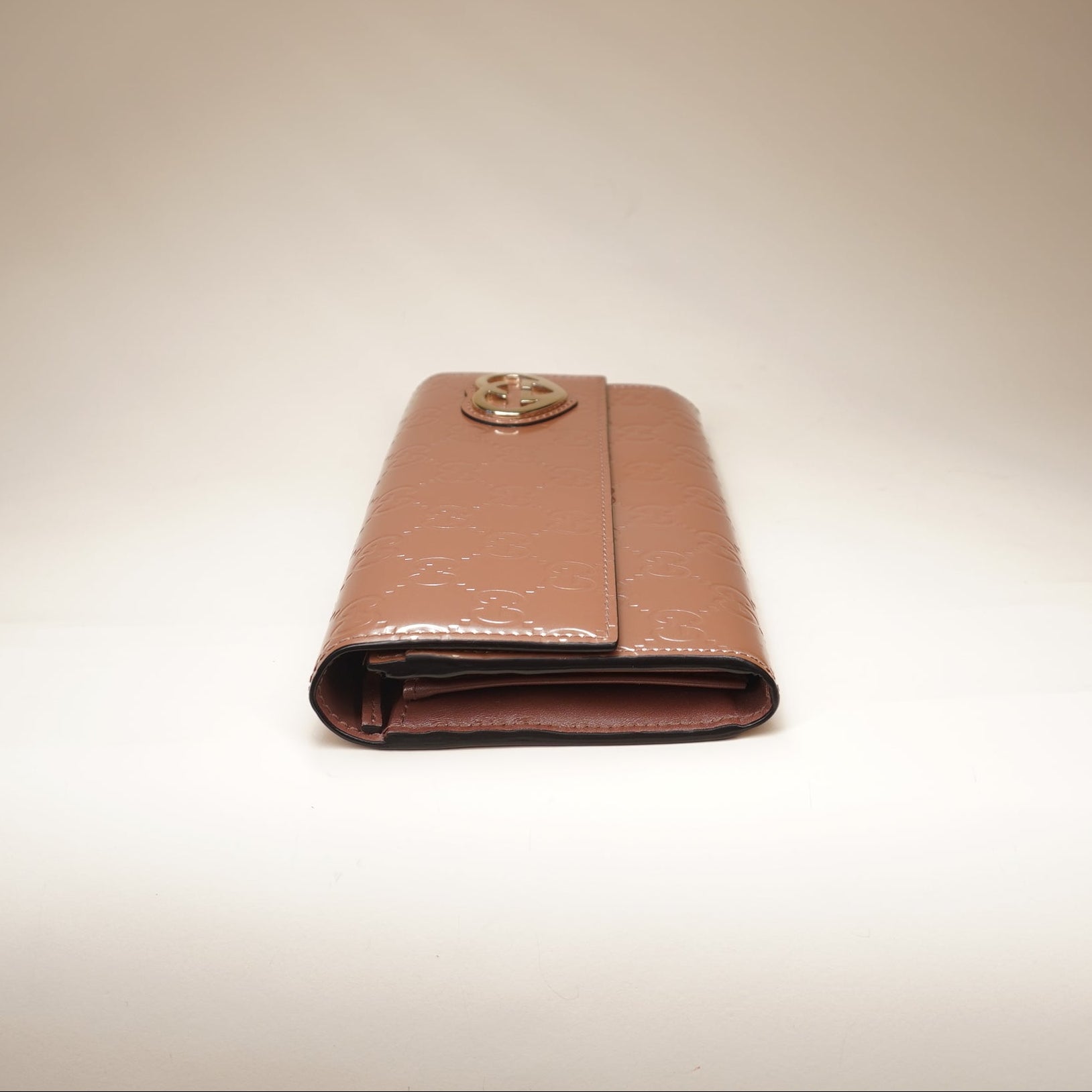 PRE-OWNED Champagne Pink Patent Guccissima Lovely Heart Long Wallet 