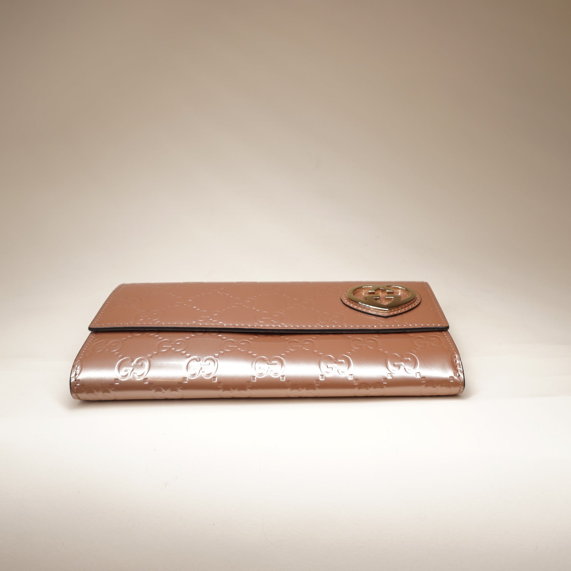 PRE-OWNED Champagne Pink Patent Guccissima Lovely Heart Long Wallet