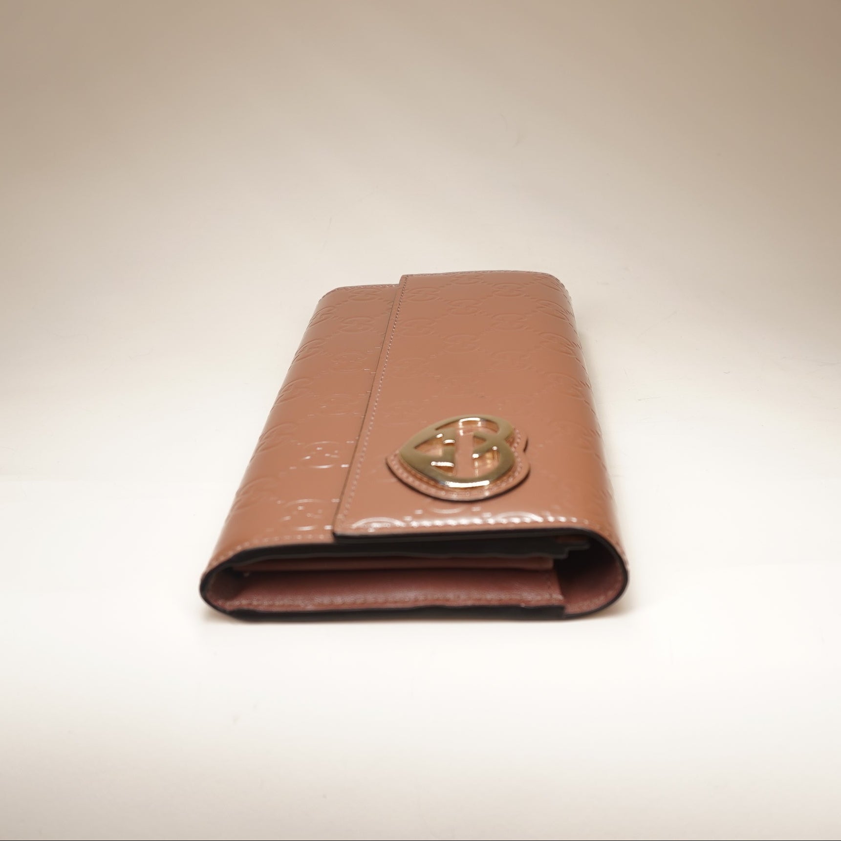 PRE-OWNED Champagne Pink Patent Guccissima Lovely Heart Long Wallet 