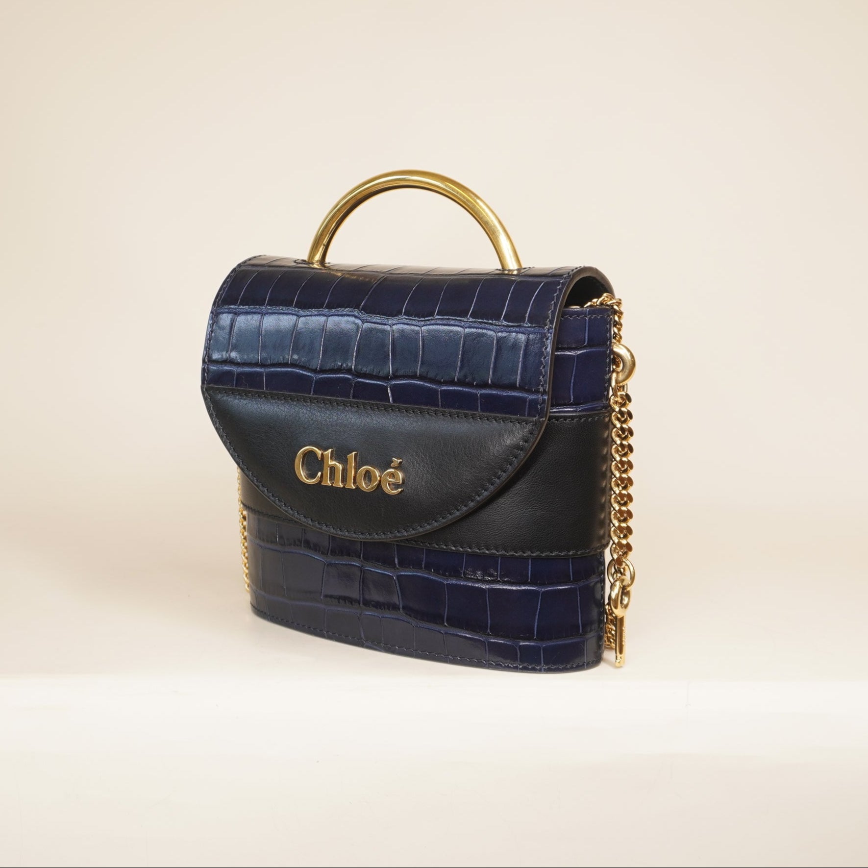 PRE-OWNED Embossed and Leather Small Aby Lock Navy Shoulder Bag