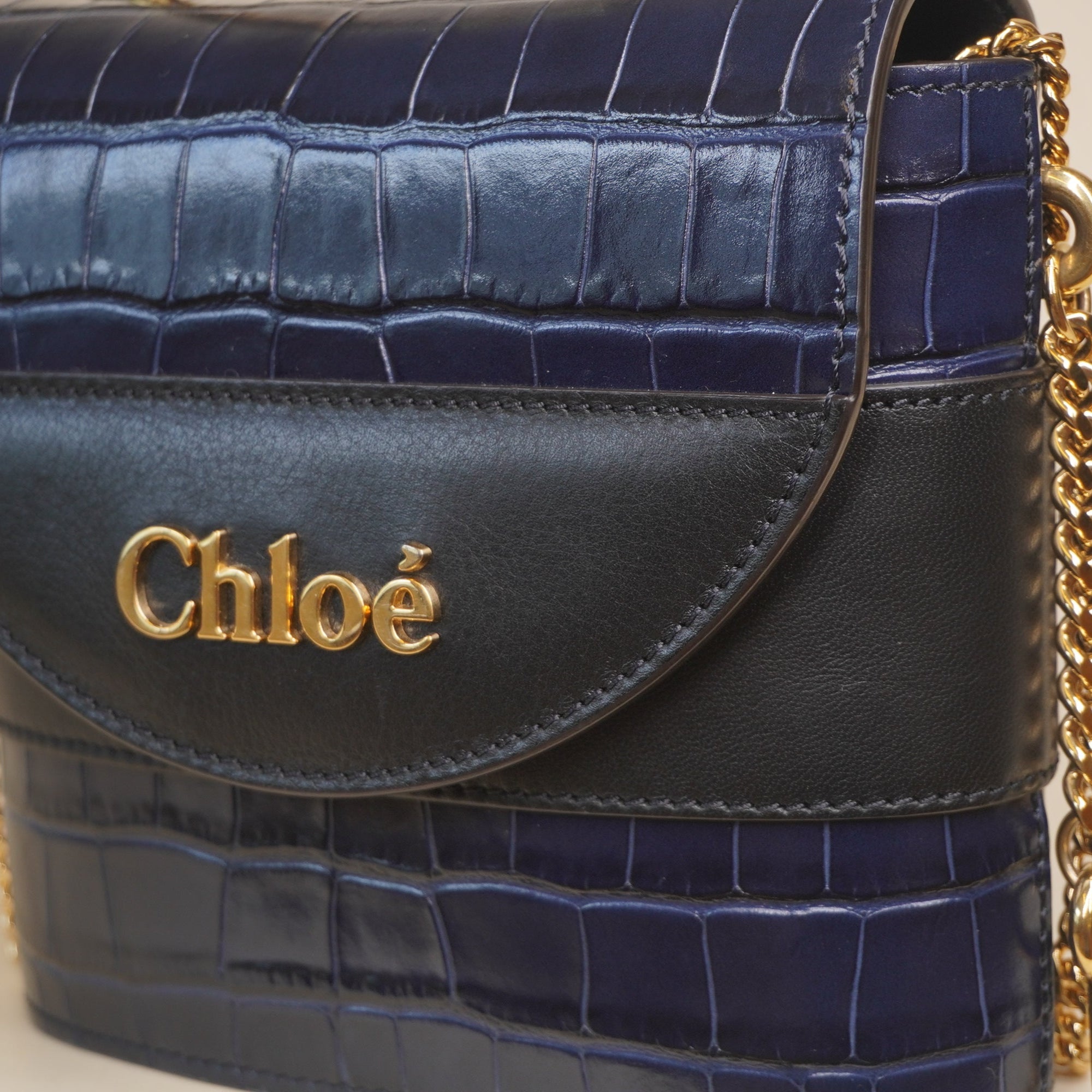 PRE-OWNED Embossed and Leather Small Aby Lock Navy Shoulder Bag