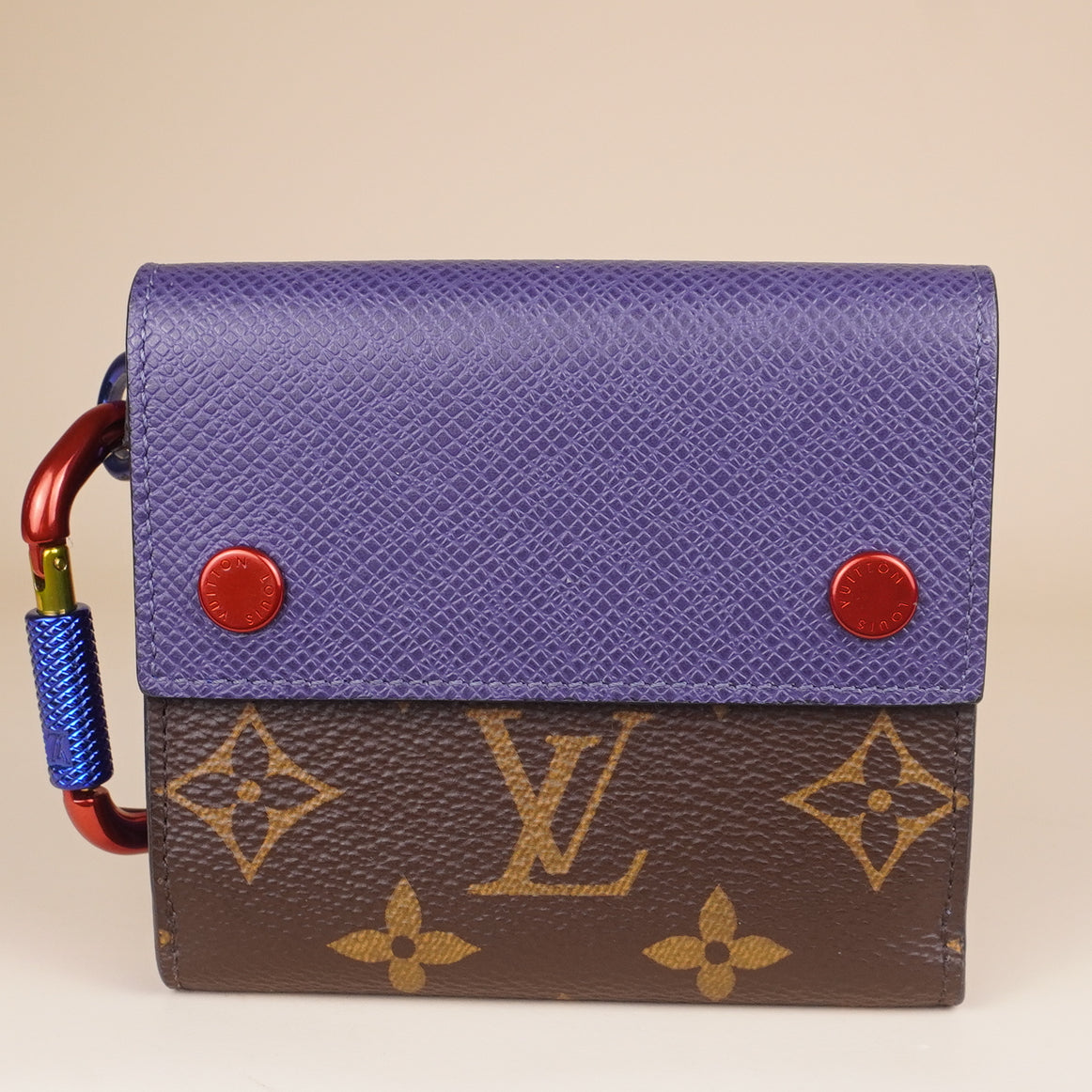 PRE-OWNED LV Bi-fold Wallet Brown Blue Navy Monogram Leather Patent 