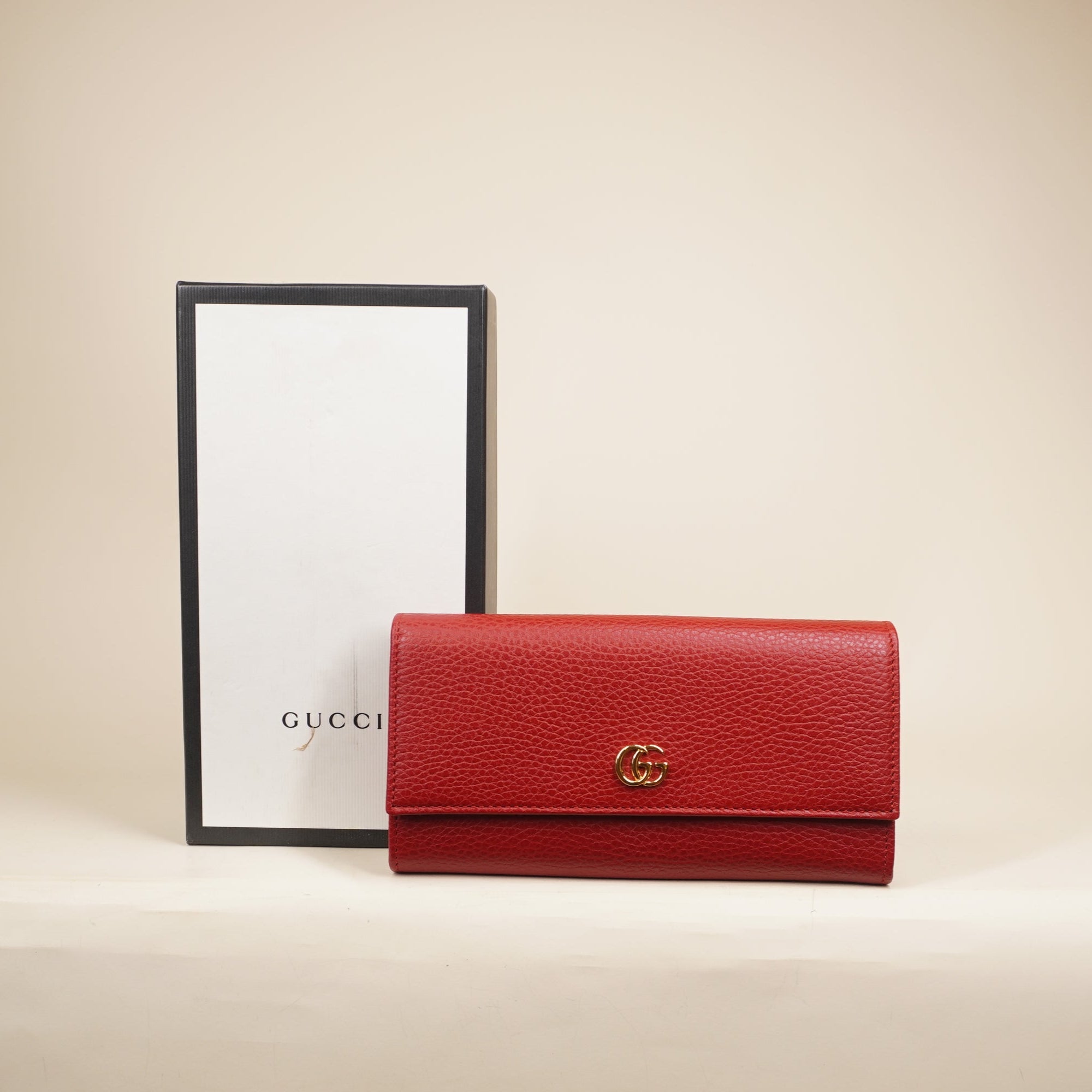 PRE-OWNED Dollar Calfskin GG Marmont Continental Wallet Hibiscus Red