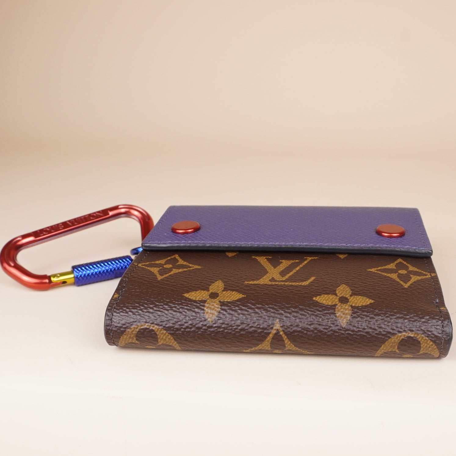 PRE-OWNED LV Bi-fold Wallet Brown Blue Navy Monogram Leather Patent 