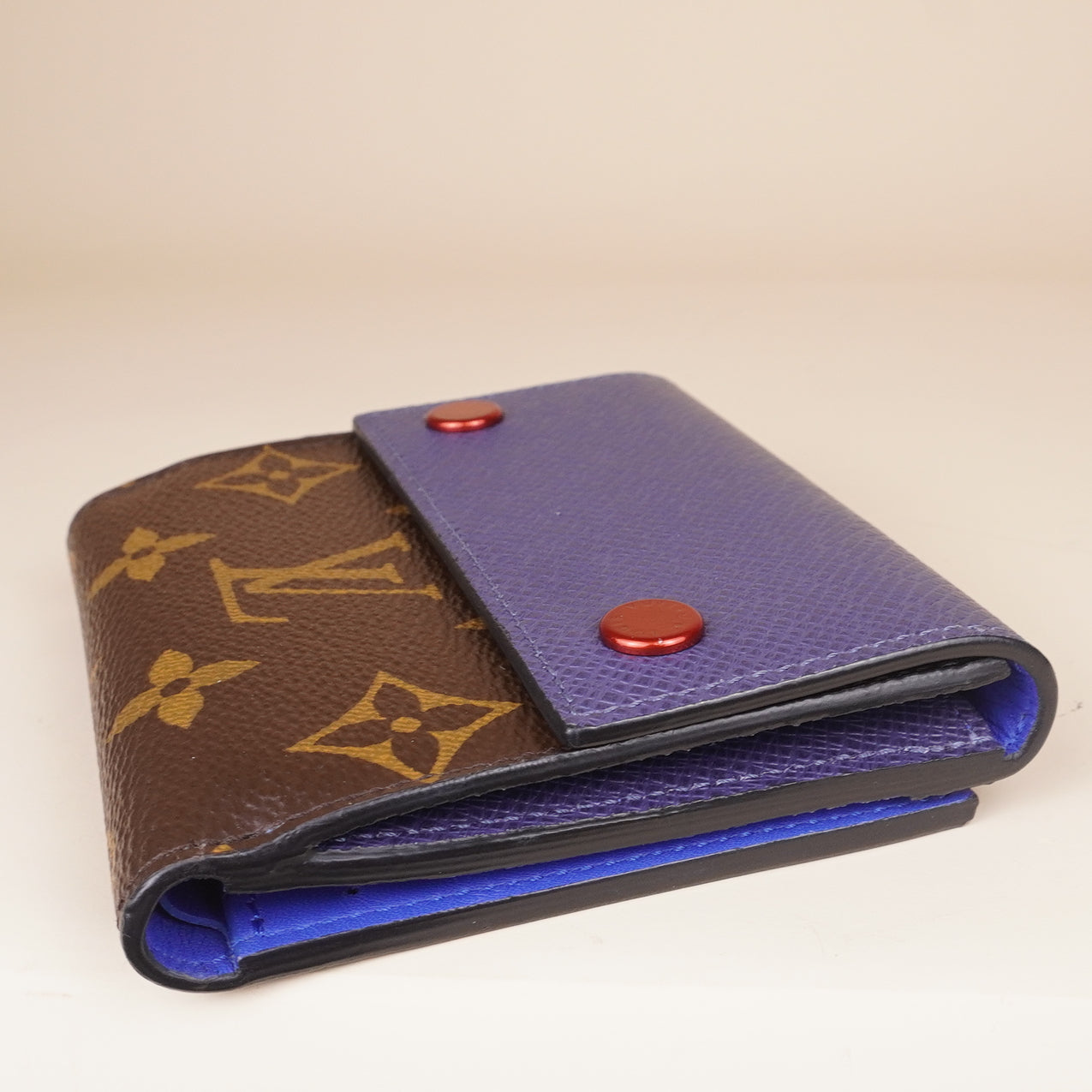 PRE-OWNED LV Bi-fold Wallet Brown Blue Navy Monogram Leather Patent 