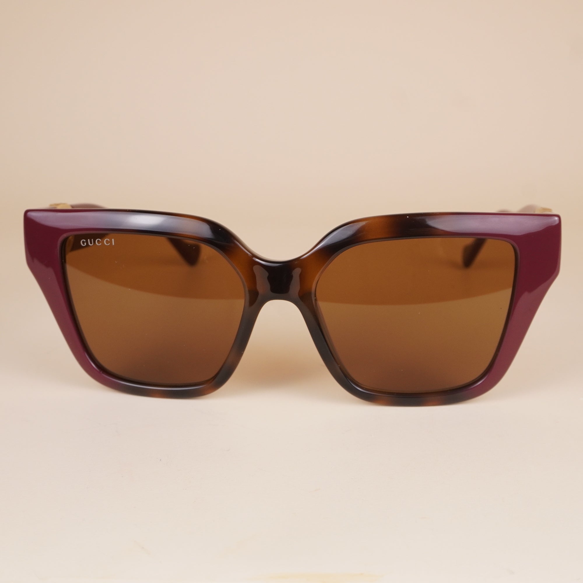 PRE-OWNED GG Havana Burgundy Brown Women's D-Frame Sunglasses GG1023S