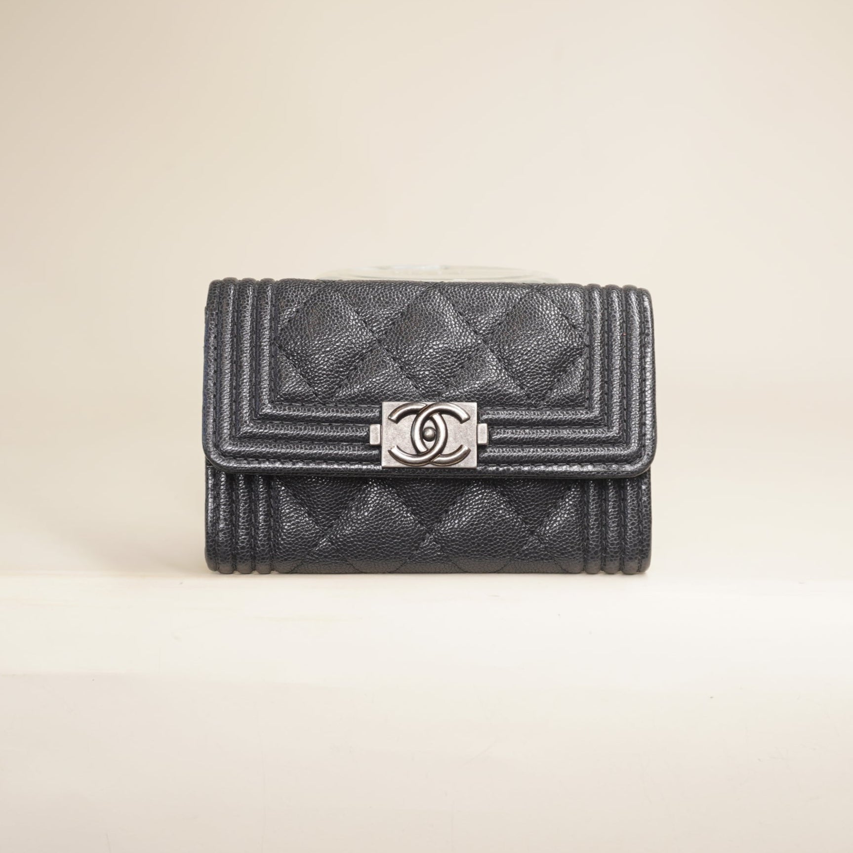 PRE-OWNED CC Black Caviar Quilted Boy Flap Card Holder