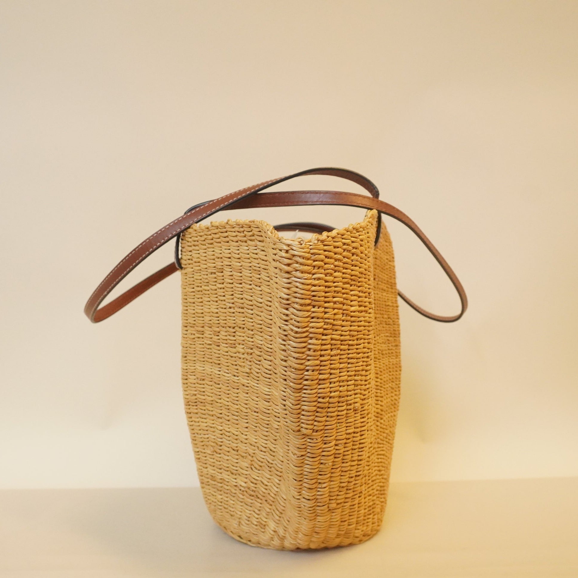 PRE-OWNED Calfskin Raffia Paulas Ibiza Small Basket Tote Bag Natural Tan