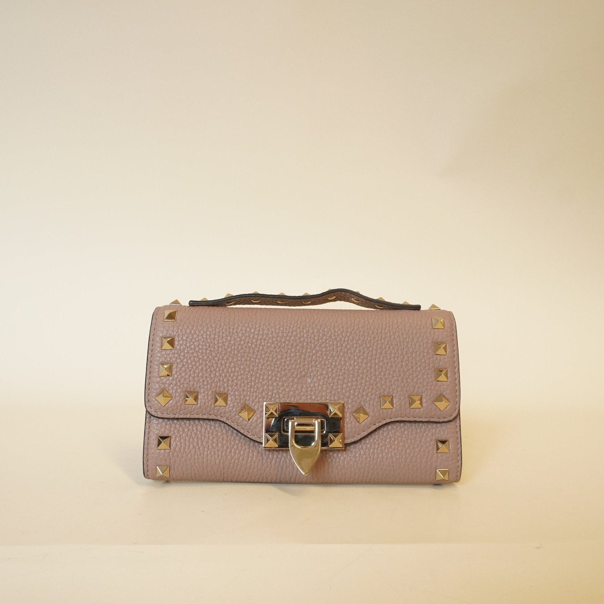 PRE-OWNED Pink Grained Leather Rockstud Wallet on Chain
