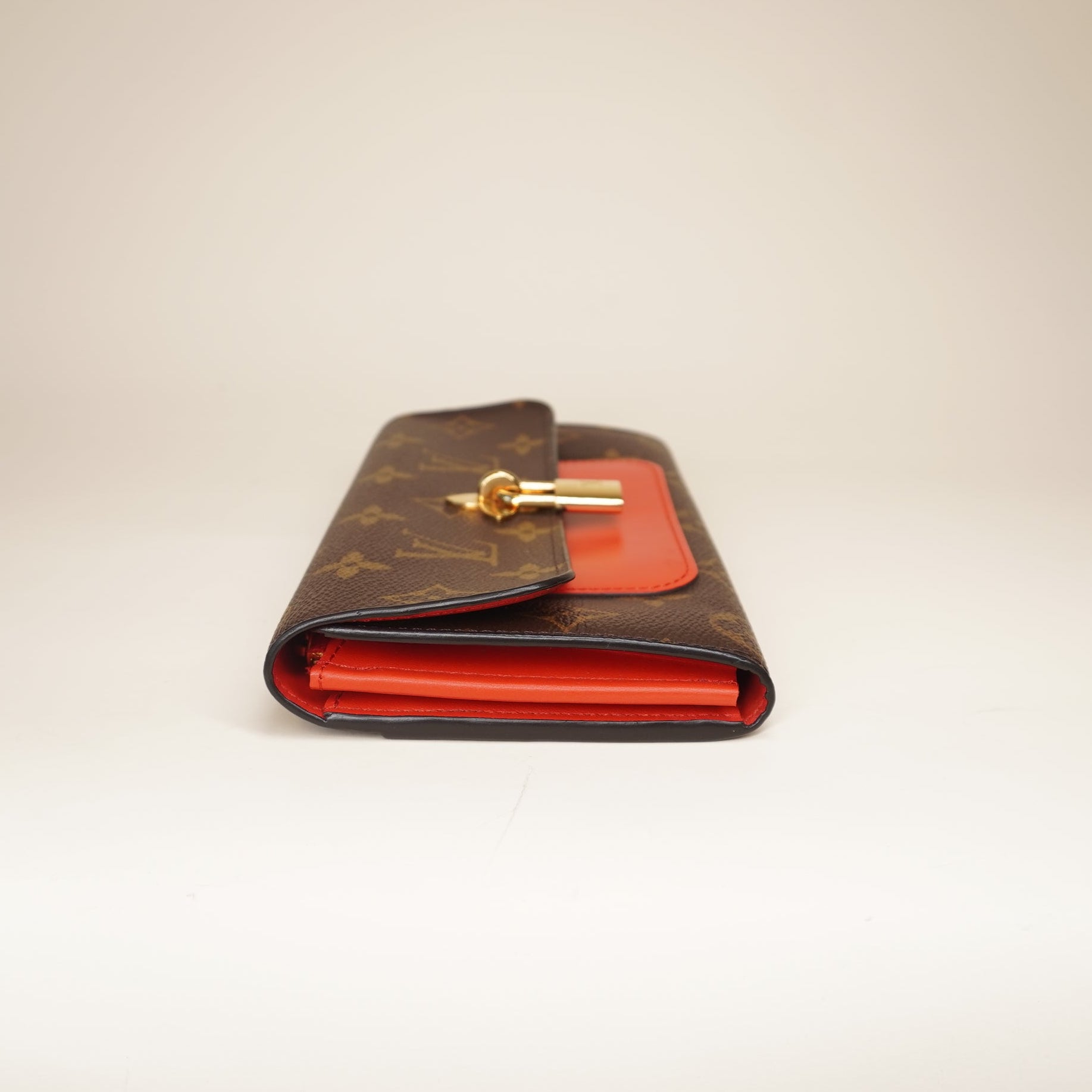 PRE-OWNED LV Monogram Flower Lock Compact Long Wallet Coquelicot