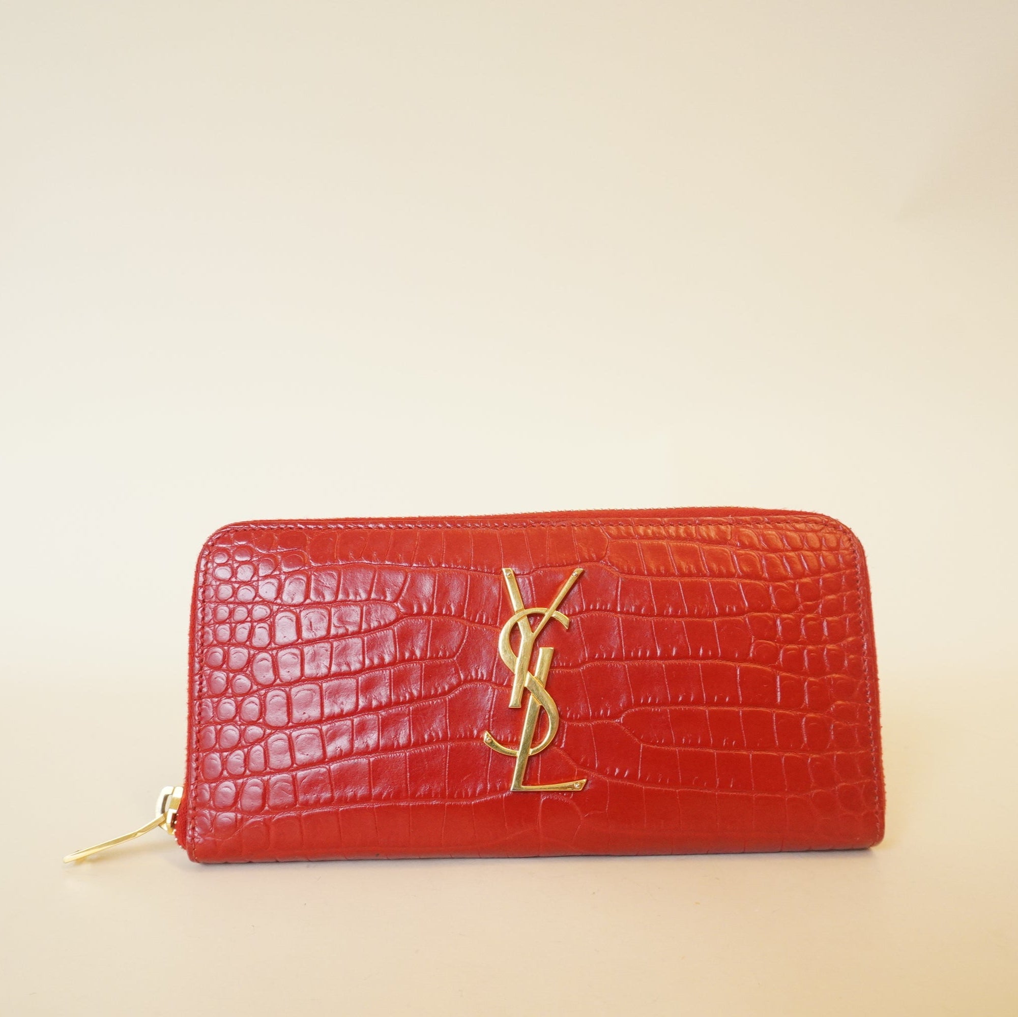 PRE-OWNED Red Calfskin Crocodile Embossed Monogram Zip Long Wallet
