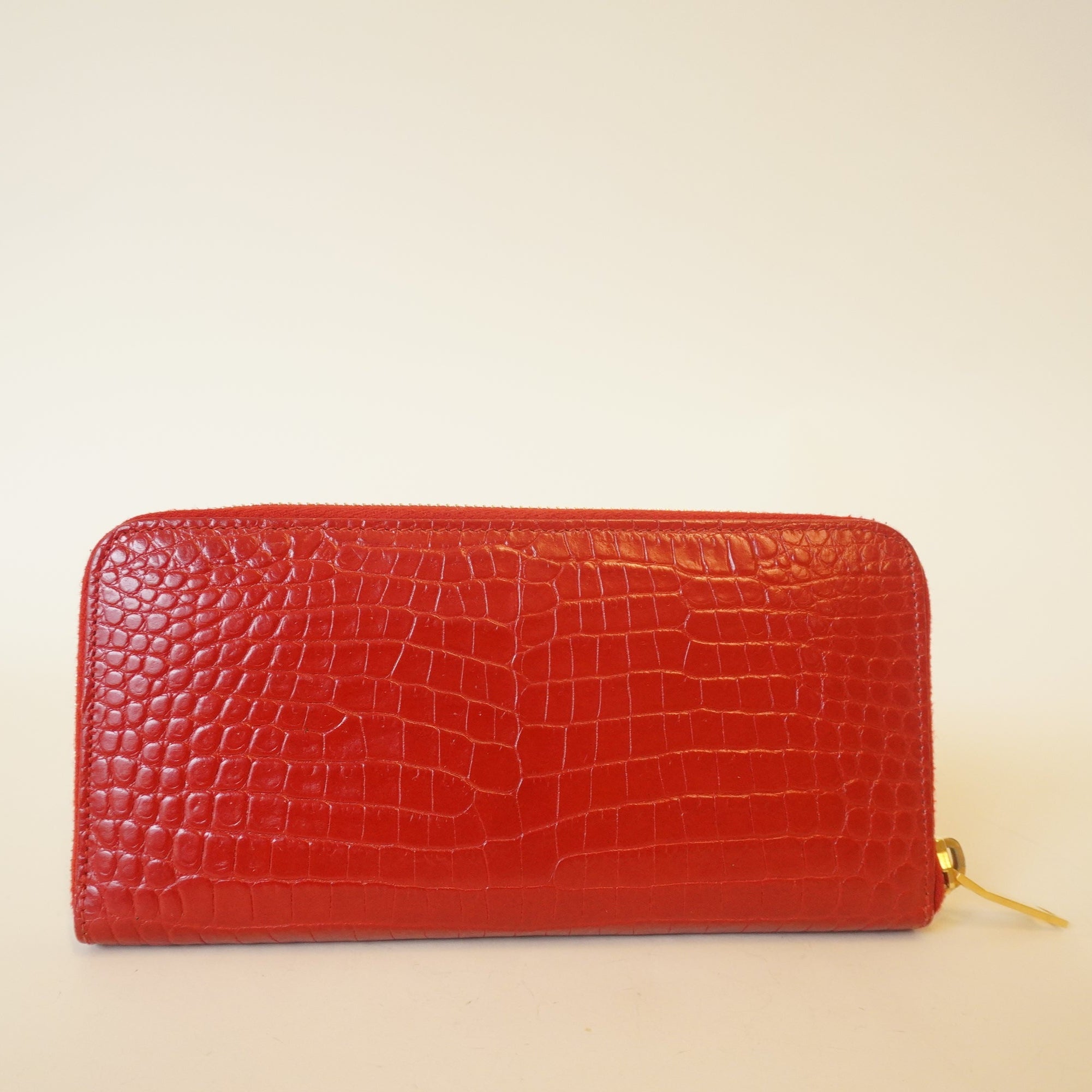PRE-OWNED Red Calfskin Crocodile Embossed Monogram Zip Long Wallet