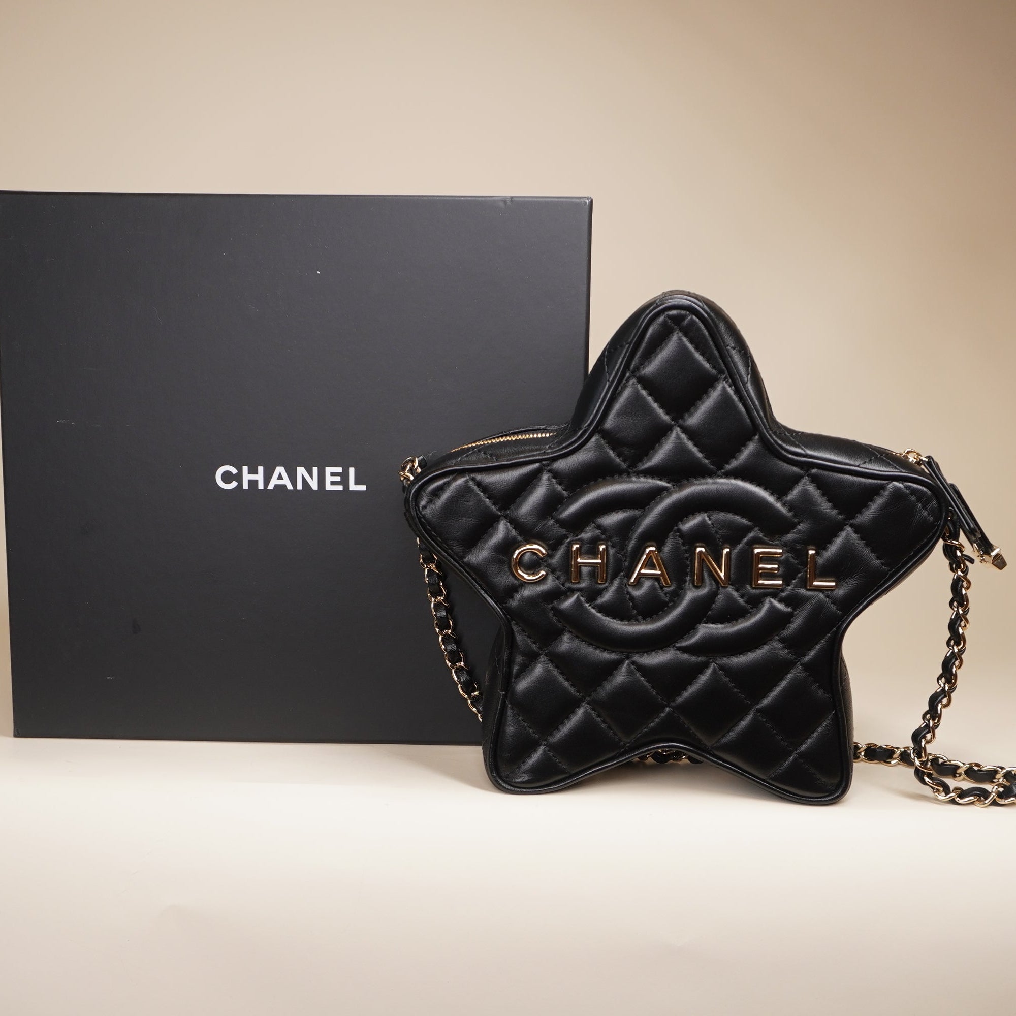 PRE-OWNED Lambskin Quilted Walk of Fame Star Bag Black