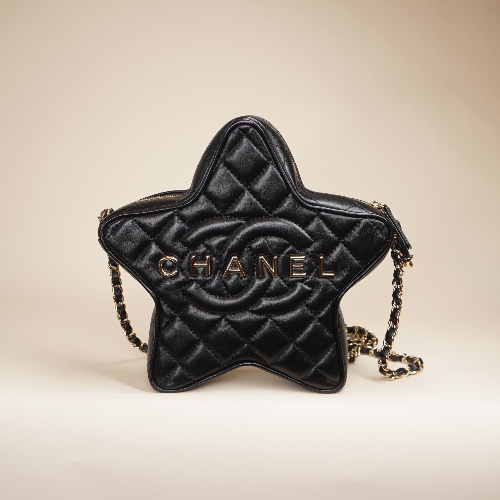 PRE-OWNED Lambskin Quilted Walk of Fame Star Bag Black