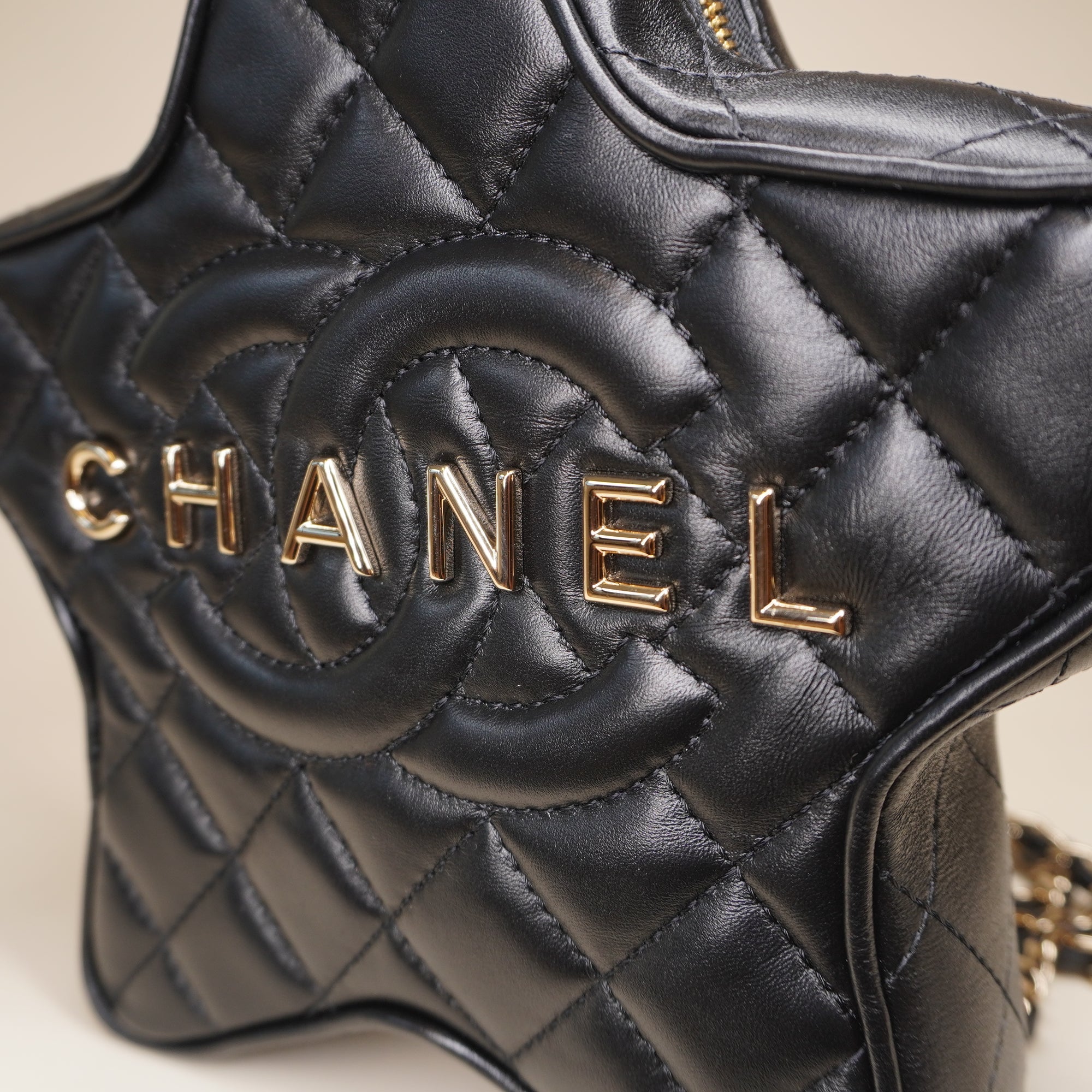 PRE-OWNED Lambskin Quilted Walk of Fame Star Bag Black