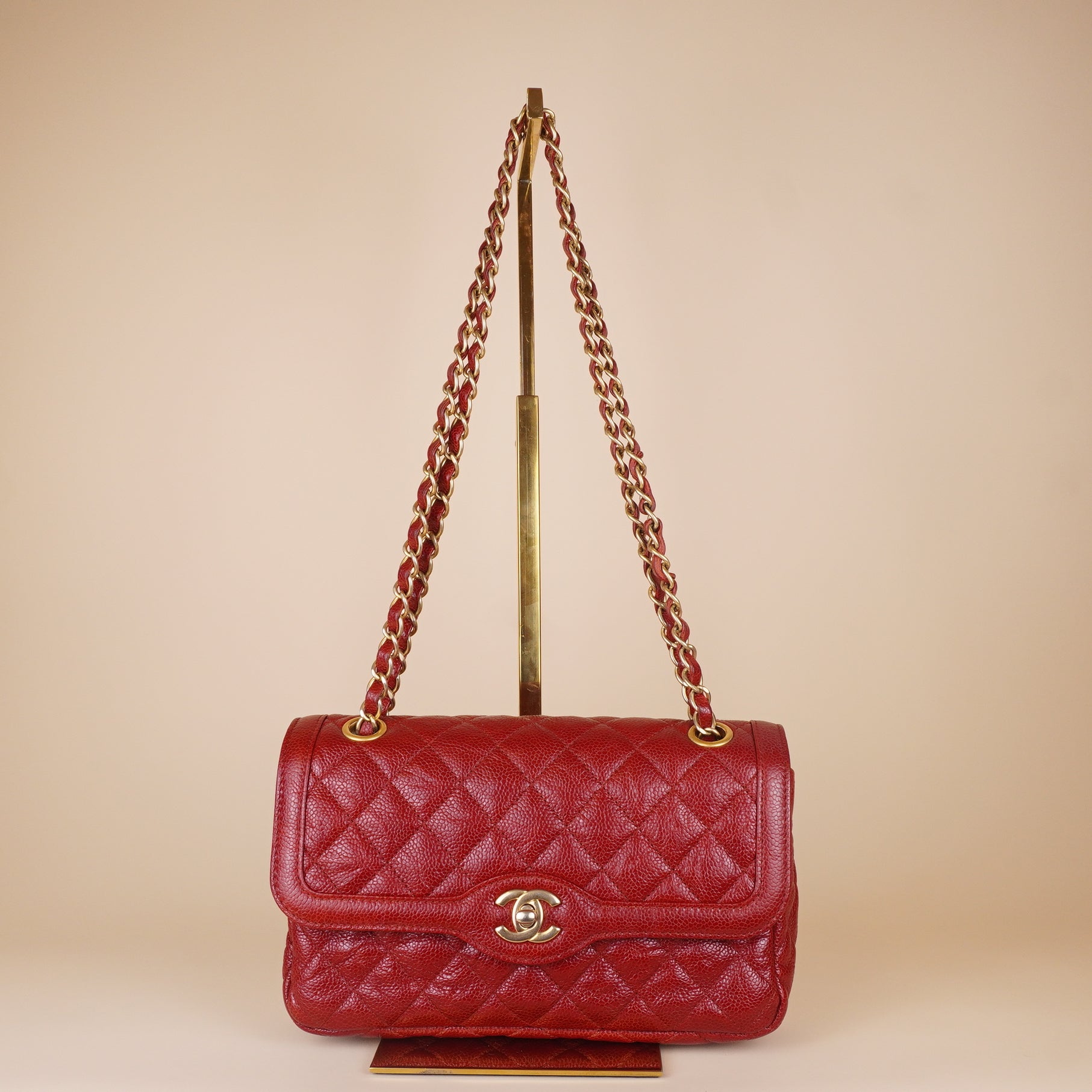 PRE-OWNED CC Crumpled Grained Calfskin Quilted Large Two Tone Flap Bag Red