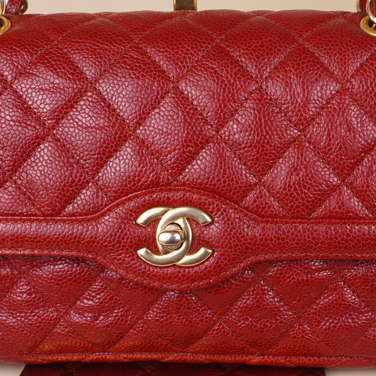 PRE-OWNED CC Crumpled Grained Calfskin Quilted Large Two Tone Flap Bag Red