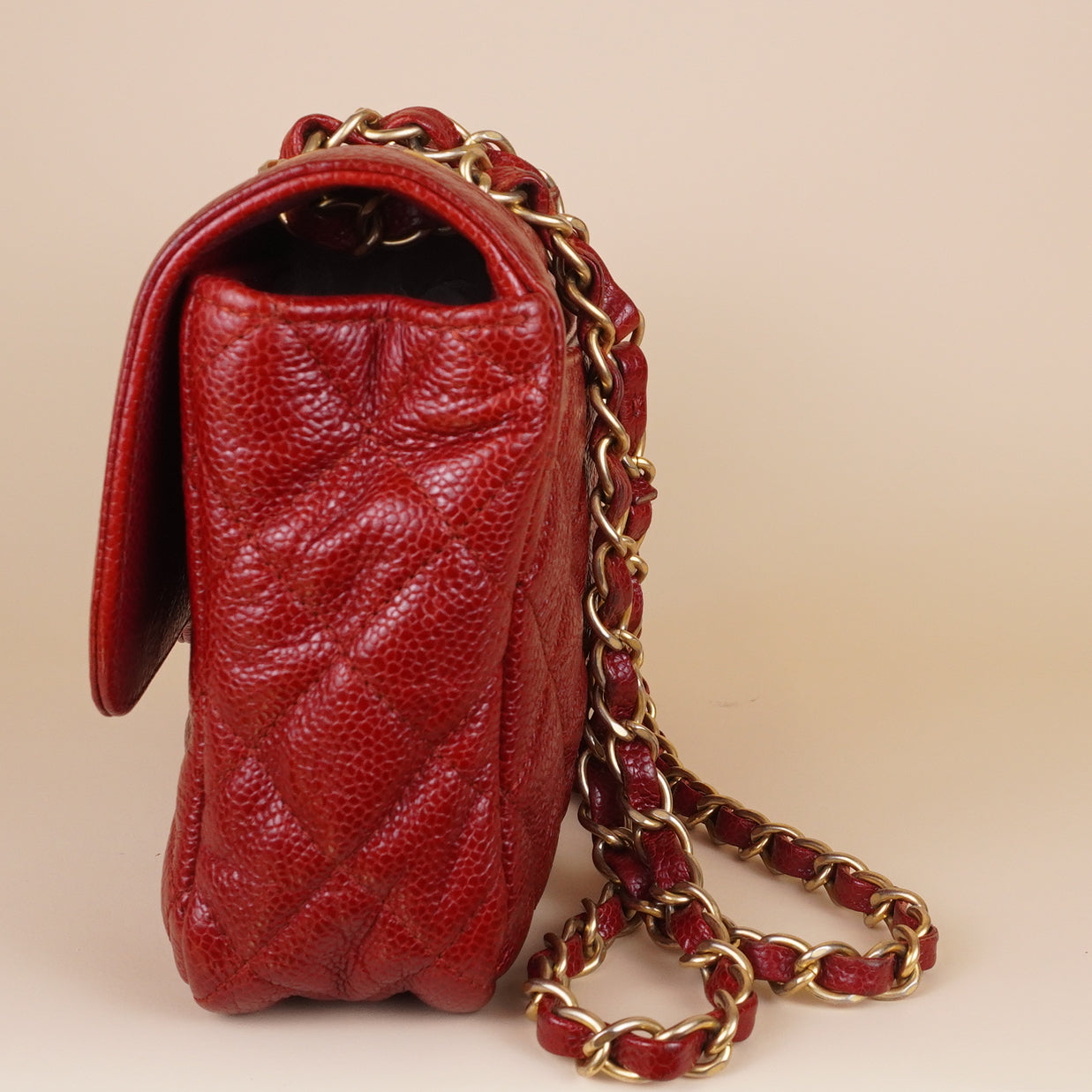 PRE-OWNED CC Crumpled Grained Calfskin Quilted Large Two Tone Flap Bag Red
