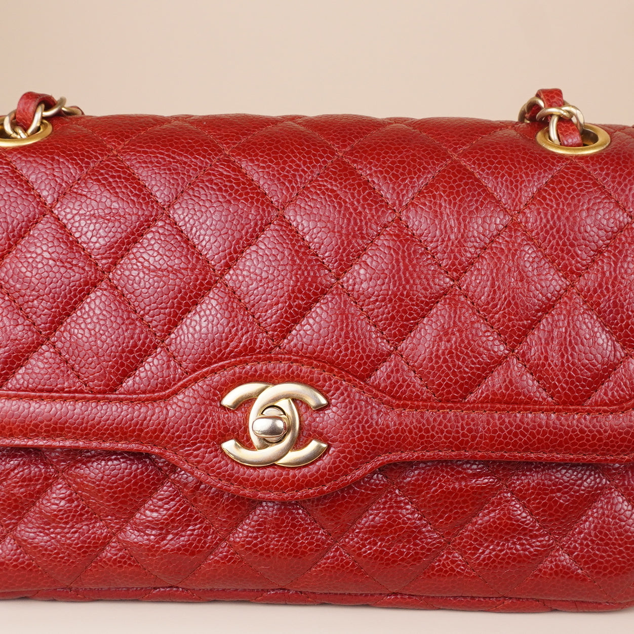 PRE-OWNED CC Crumpled Grained Calfskin Quilted Large Two Tone Flap Bag Red
