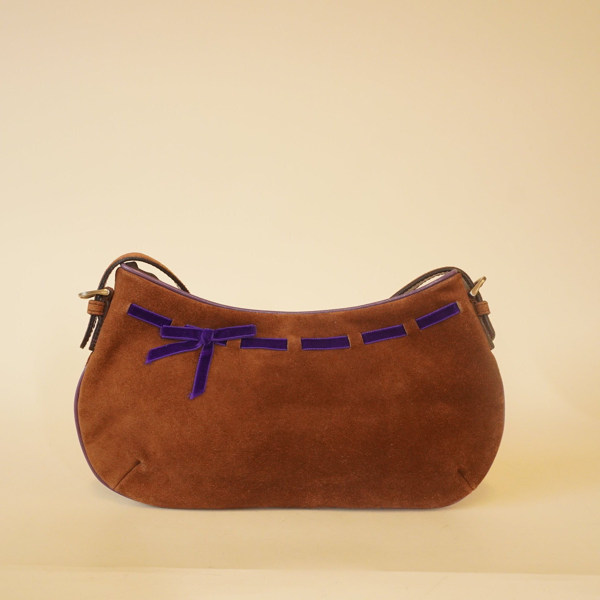 PRE-OWNED Dark Brown Purple Suede Leather Velour Handbag