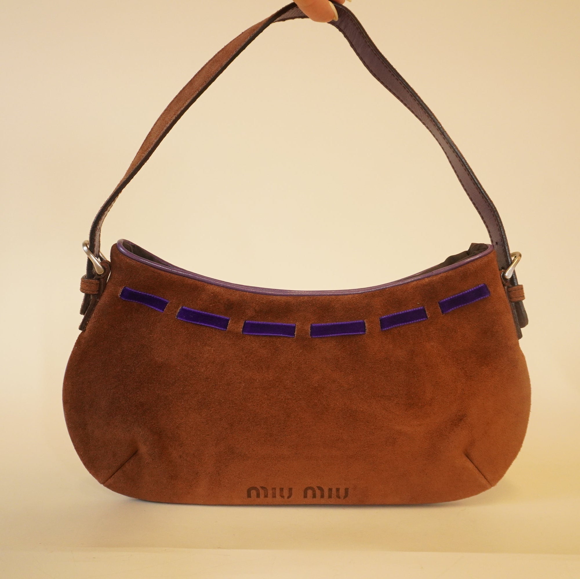 PRE-OWNED Dark Brown Purple Suede Leather Velour Handbag