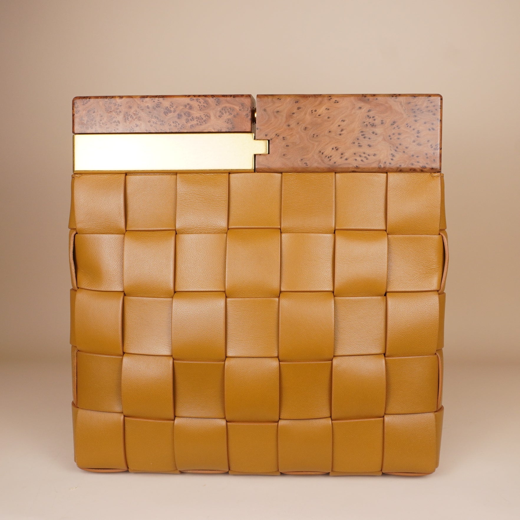 PRE-OWNED Brown Leather Snap Clutch Bamboo Trim