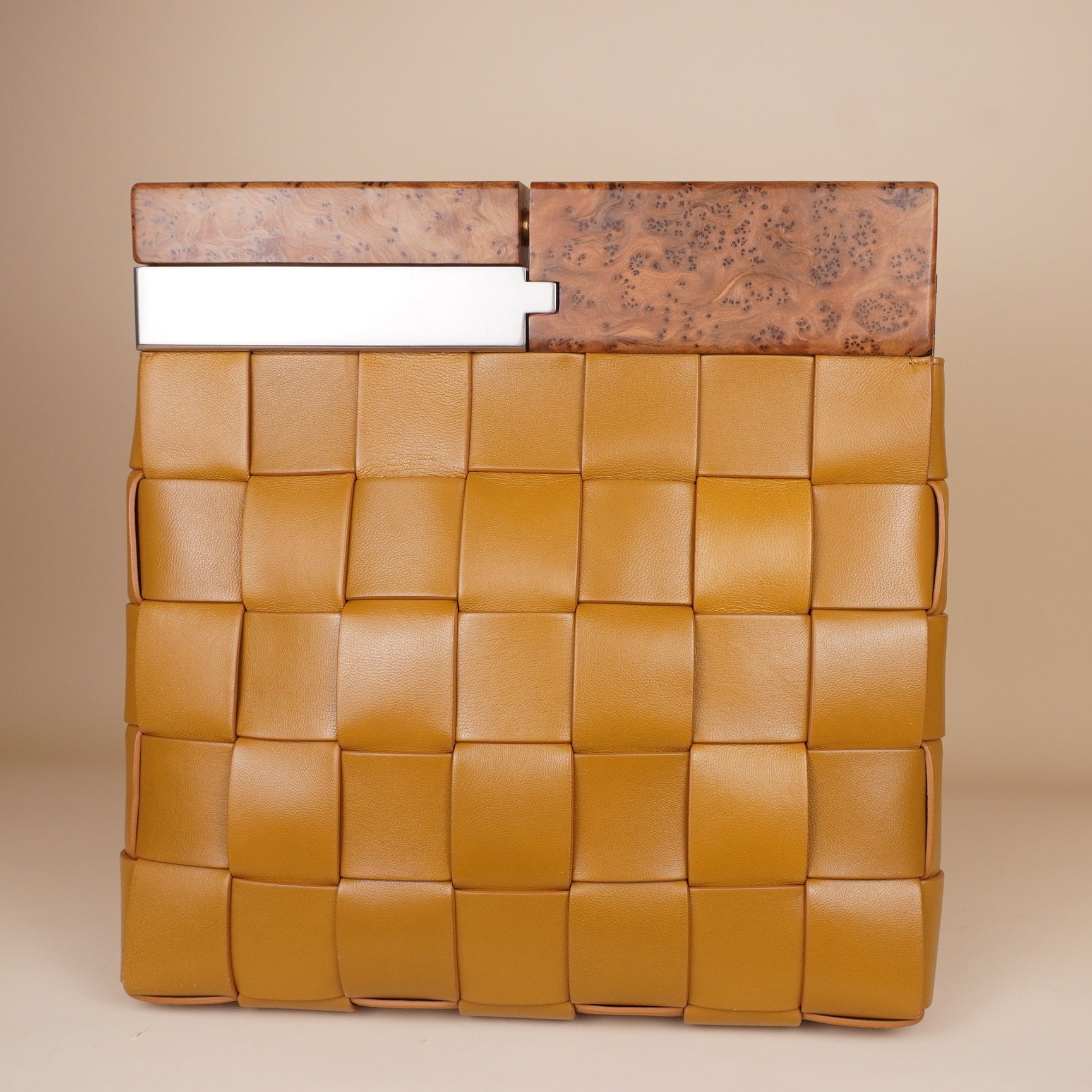 PRE-OWNED Brown Leather Snap Clutch Bamboo Trim