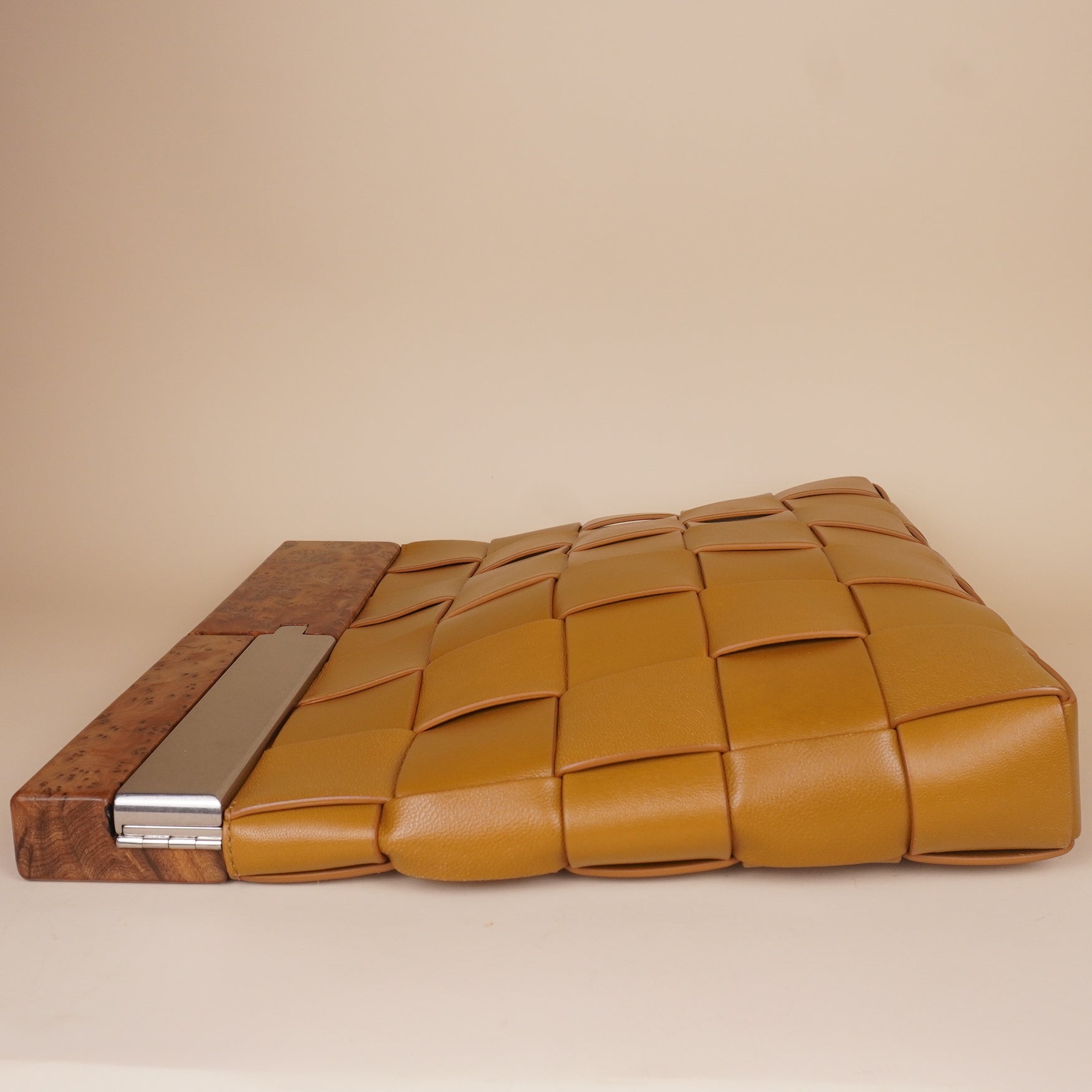 PRE-OWNED Brown Leather Snap Clutch Bamboo Trim