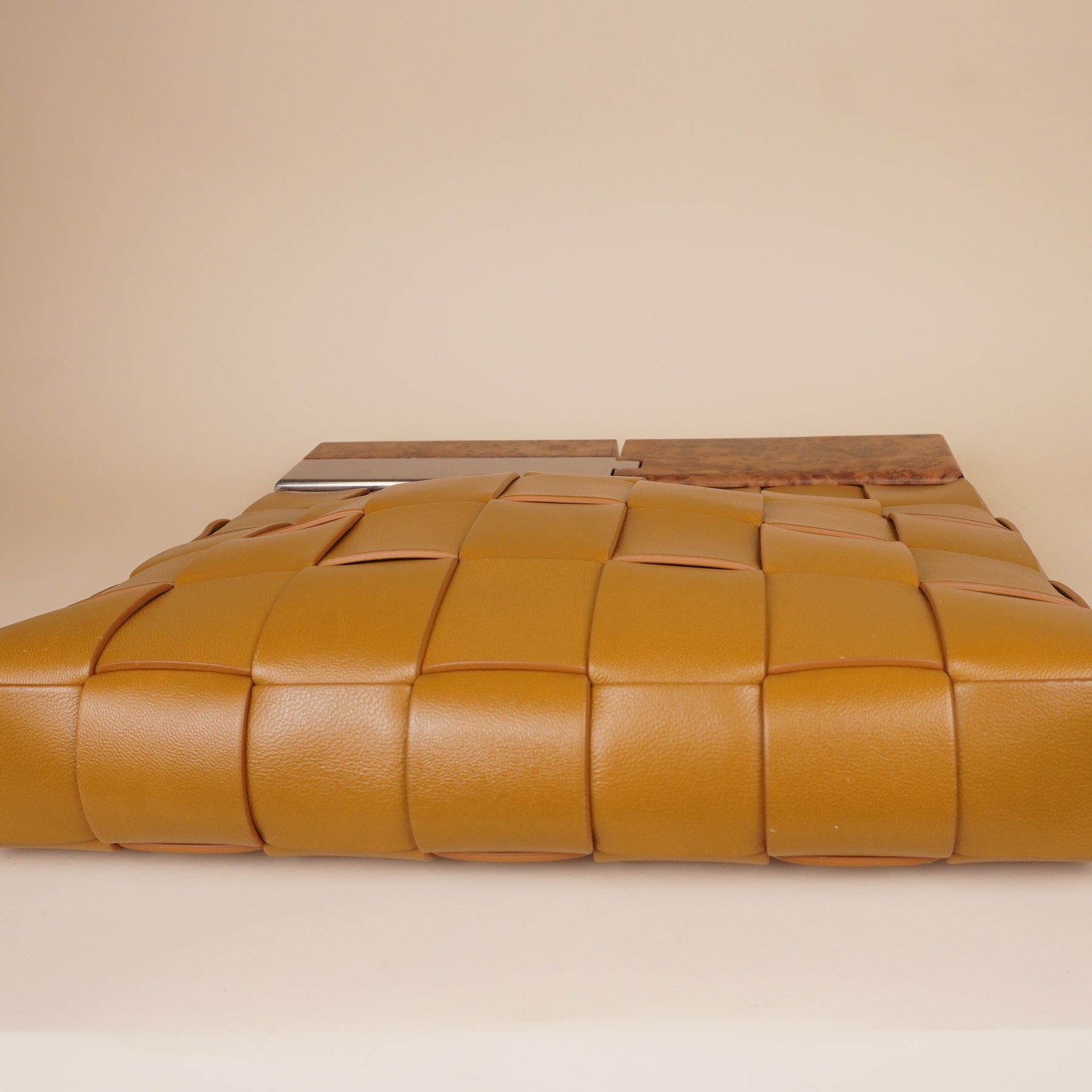 PRE-OWNED Brown Leather Snap Clutch Bamboo Trim