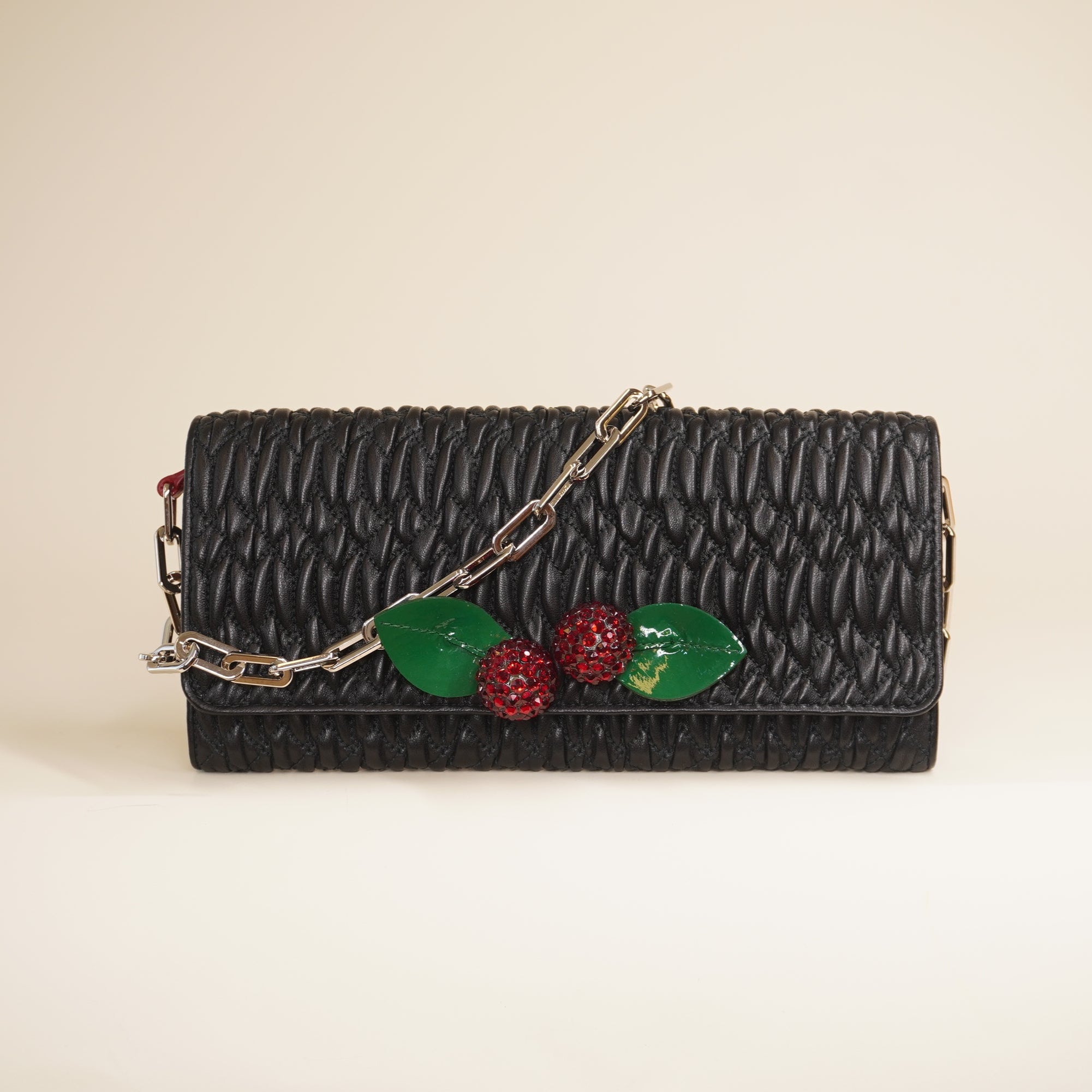 PRE-OWNED Black Nappa Matelasse Crystal Cherry Wallet On Chain