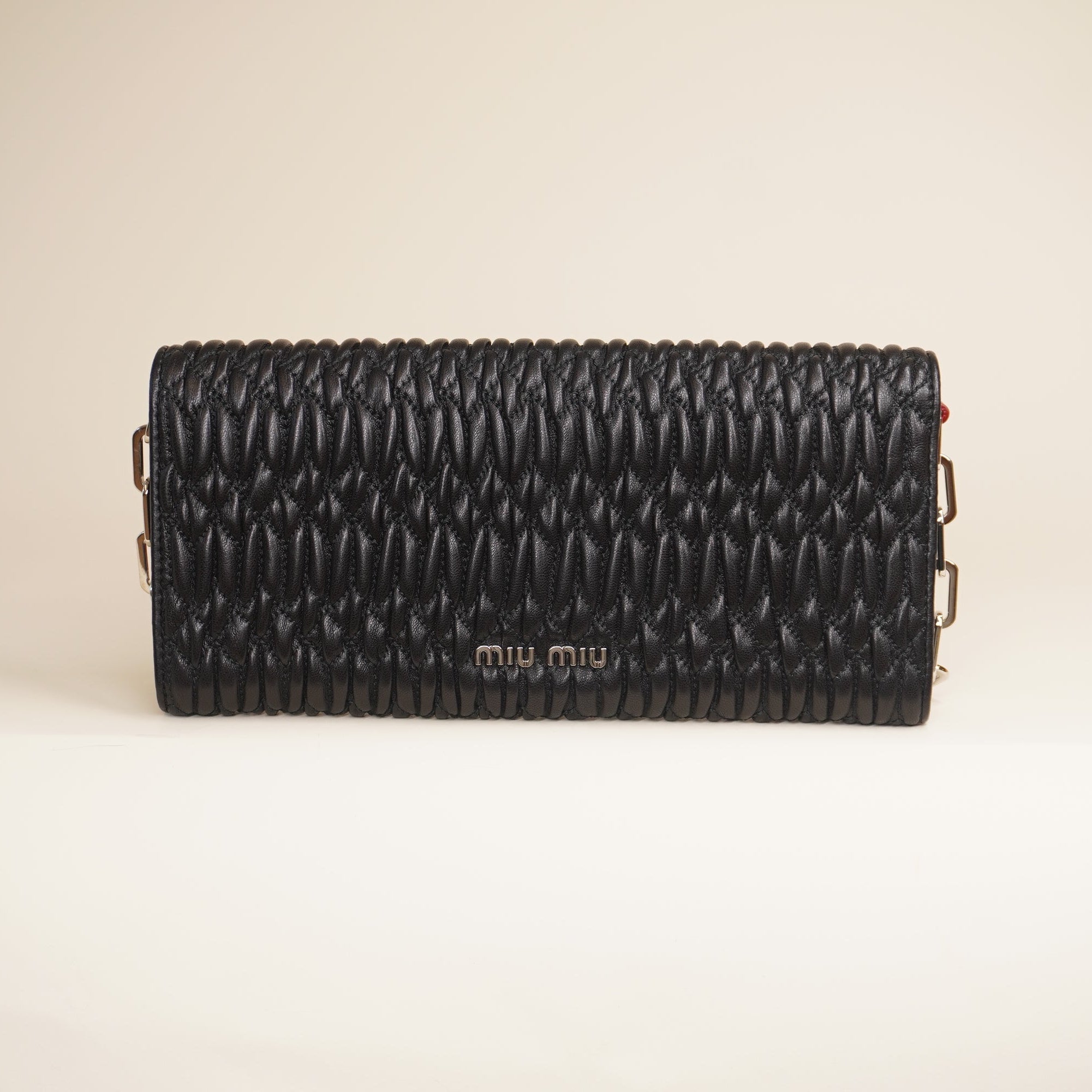PRE-OWNED Black Nappa Matelasse Crystal Cherry Wallet On Chain