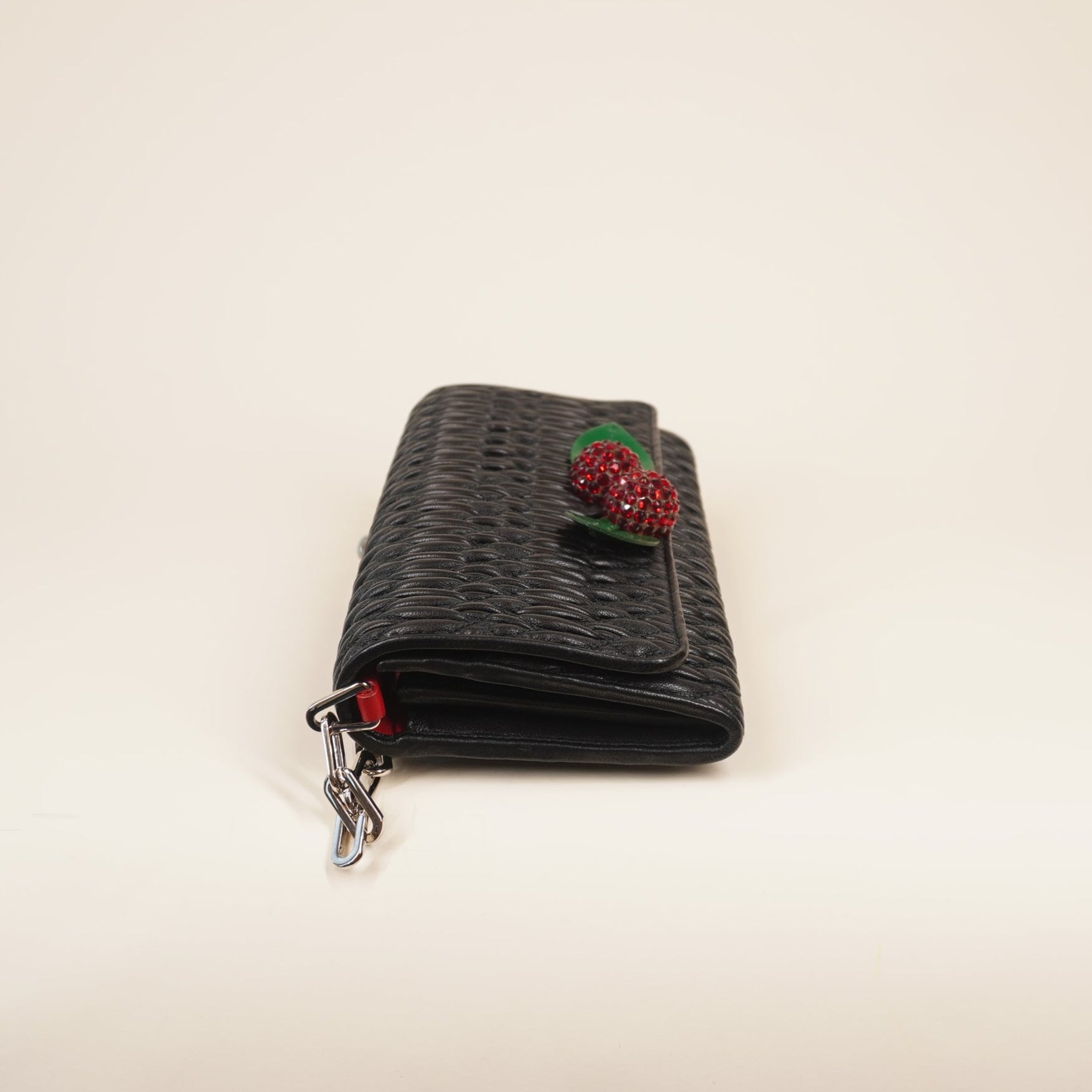 PRE-OWNED Black Nappa Matelasse Crystal Cherry Wallet On Chain