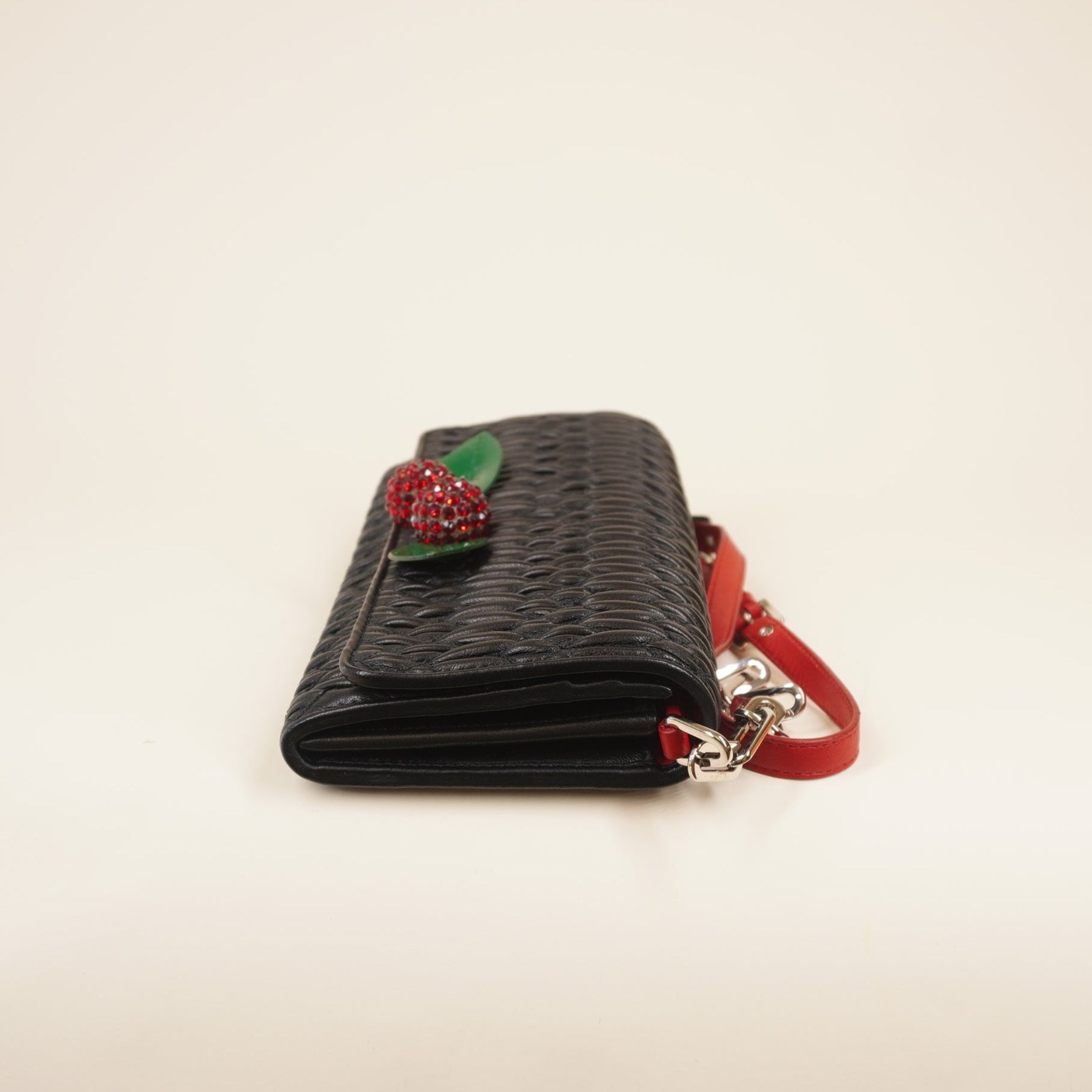 PRE-OWNED Black Nappa Matelasse Crystal Cherry Wallet On Chain