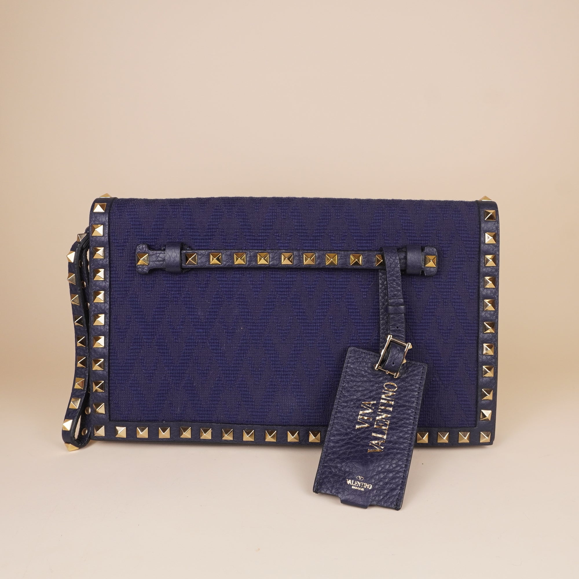 PRE-OWNED Navy Blue Leather Rockstud Wristlet Clutch
