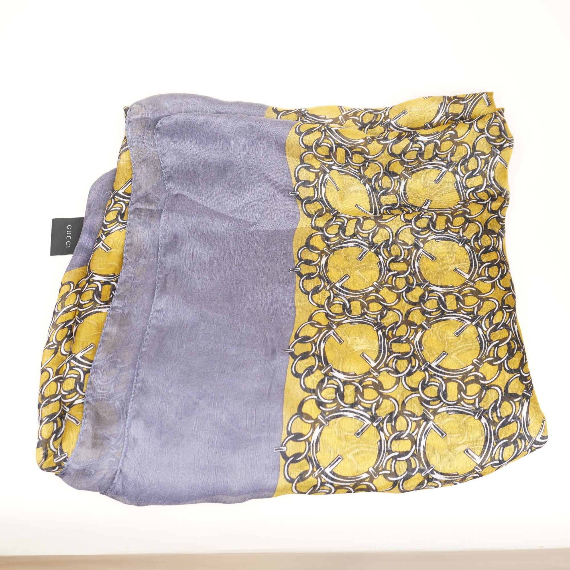 PRE-OWNED GG Yellow & Grey Chain and Interlocking Pattern Silk Scarf